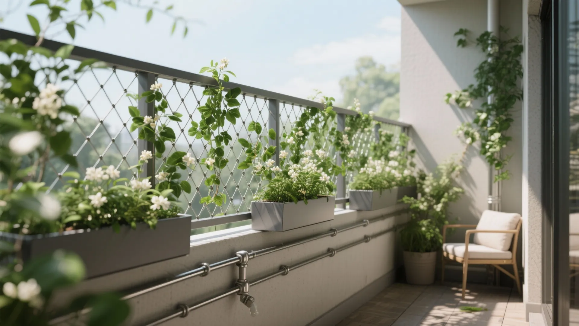 5) Hybrid green screen: grills plus climbing plants