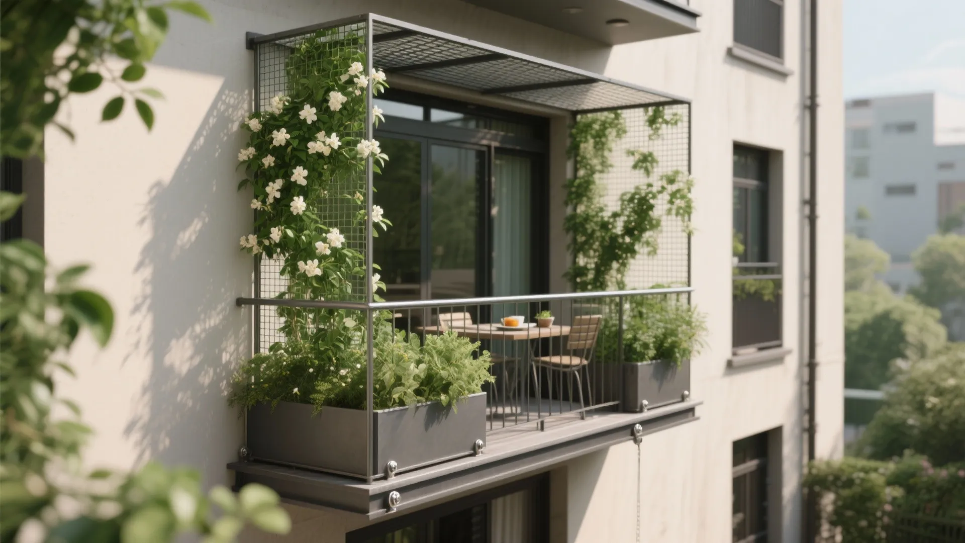 Steel mesh green screen with jasmine climbers and slim rail planters creates soft privacy.