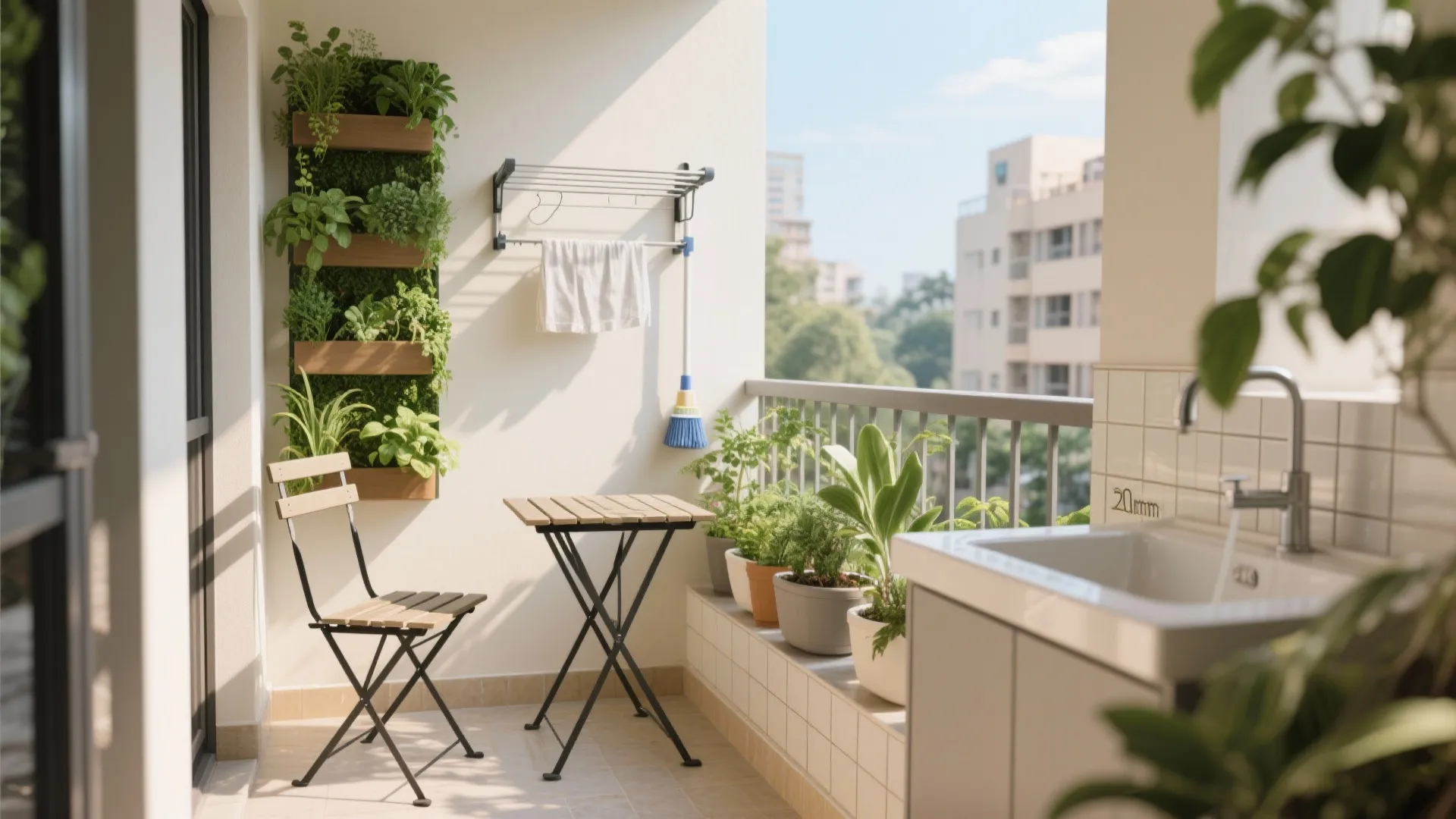 Small balcony design featuring vertical garden wall folding table chair sink and laundry drying rack