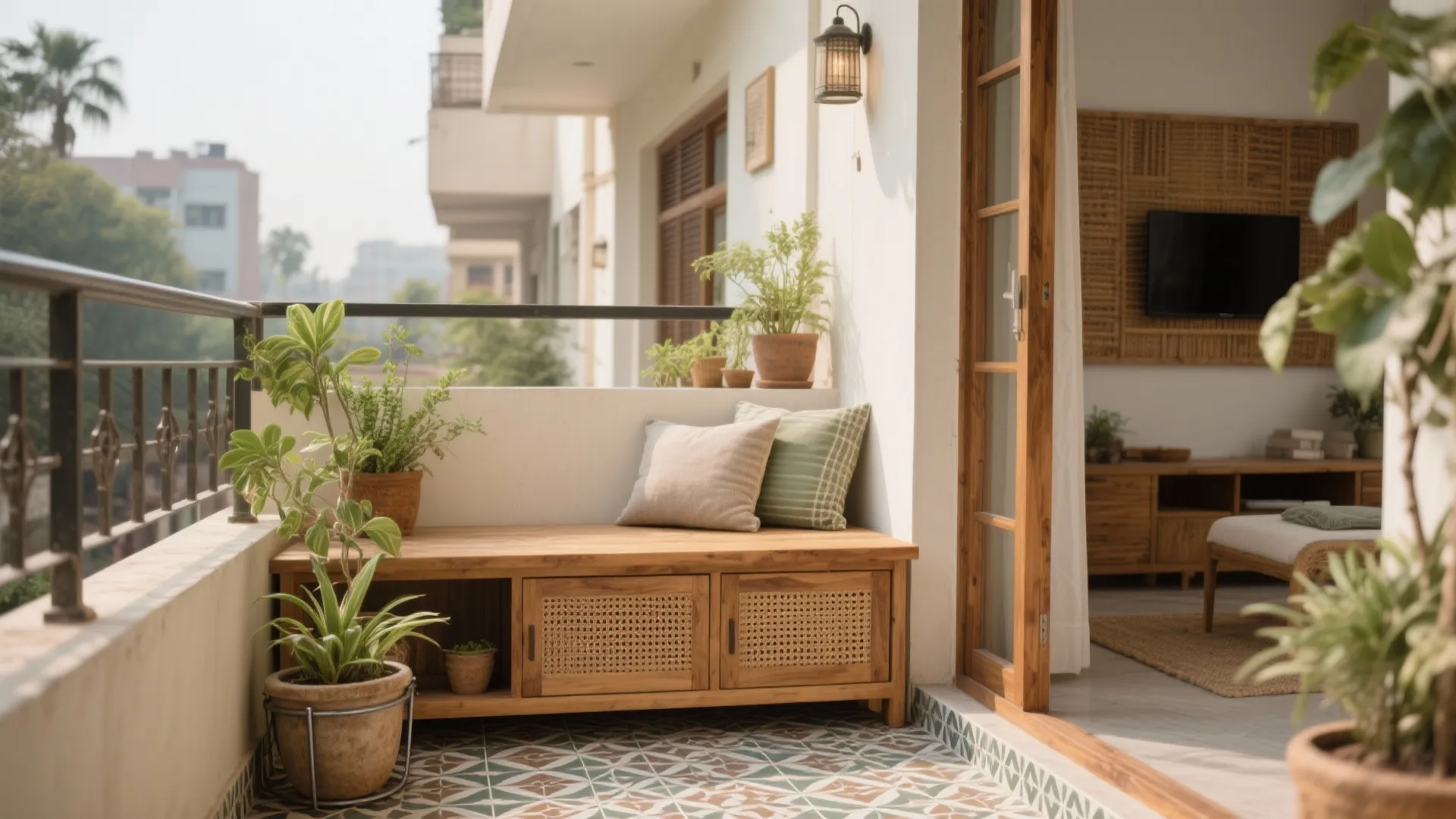 Balcony Greenery and Warm, Textured Materials