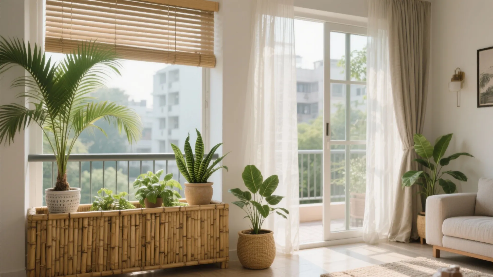 Balcony greenery, cross-ventilation, and soft daylight