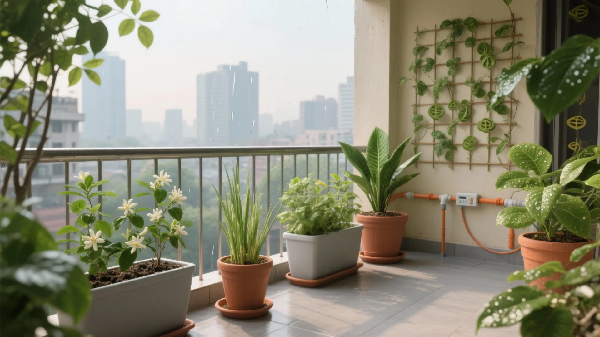 Balcony garden area with several potted plants white flowers green leaves and foggy city skyline