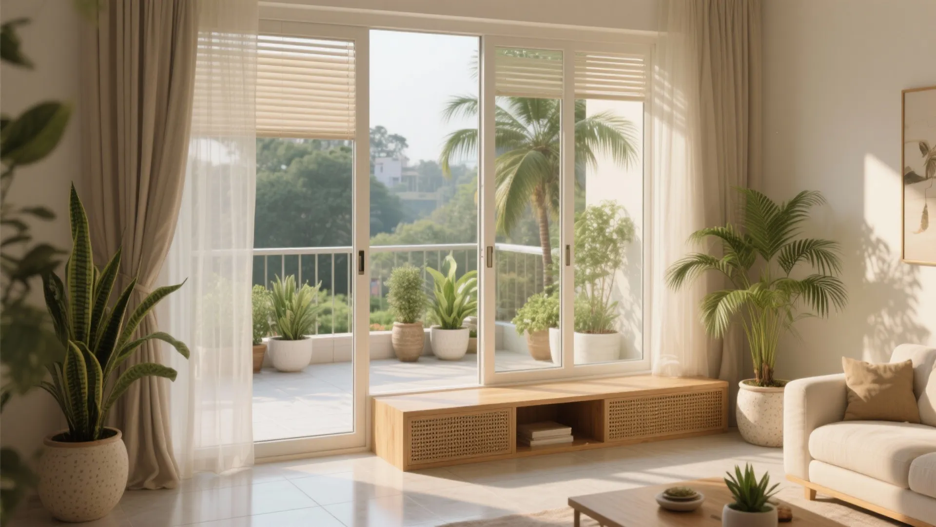 Light, glass, and balcony greens