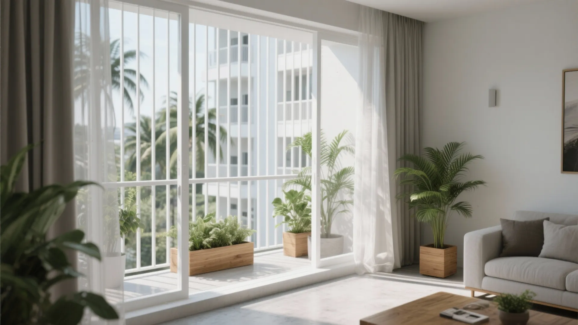 Bright living room with sliding glass doors leading to a balcony with many green potted plants