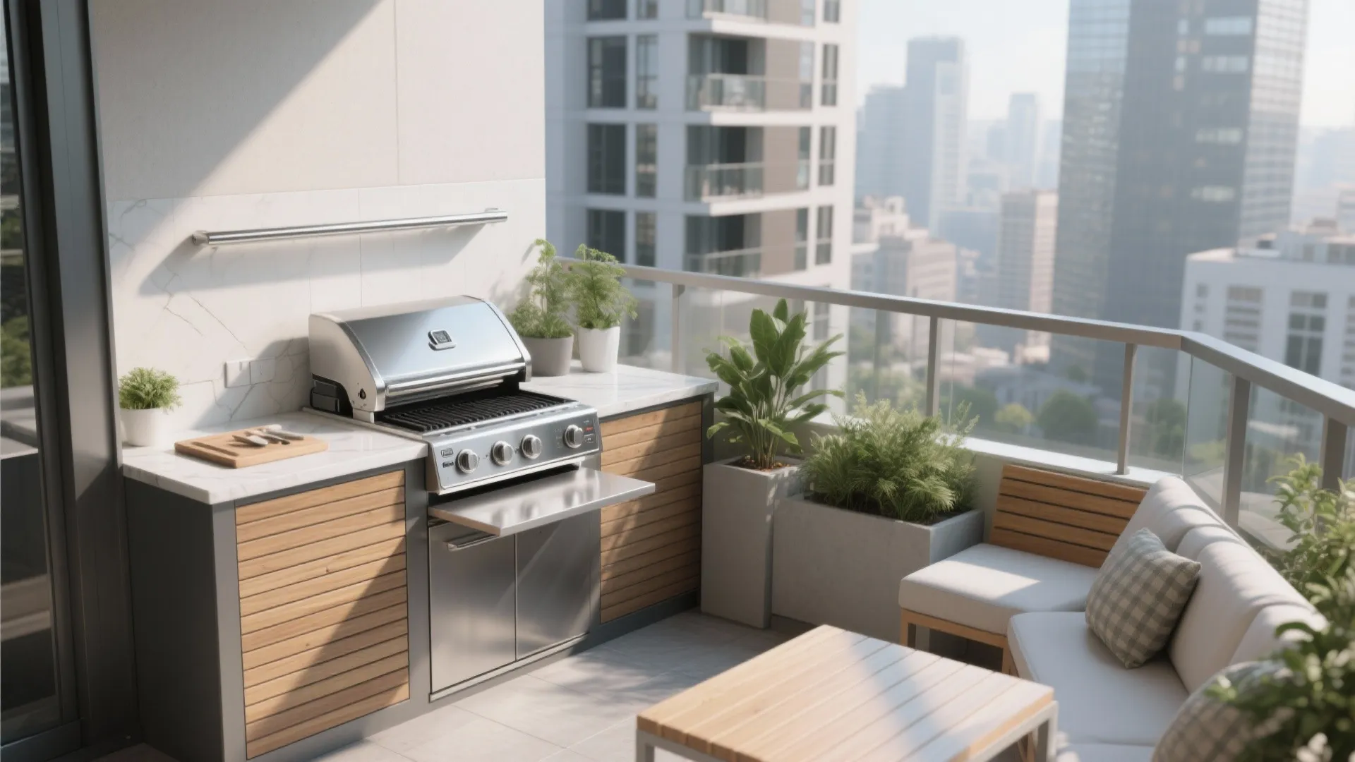 Modern apartment balcony with outdoor grill wooden cabinets green plants white countertop and city background