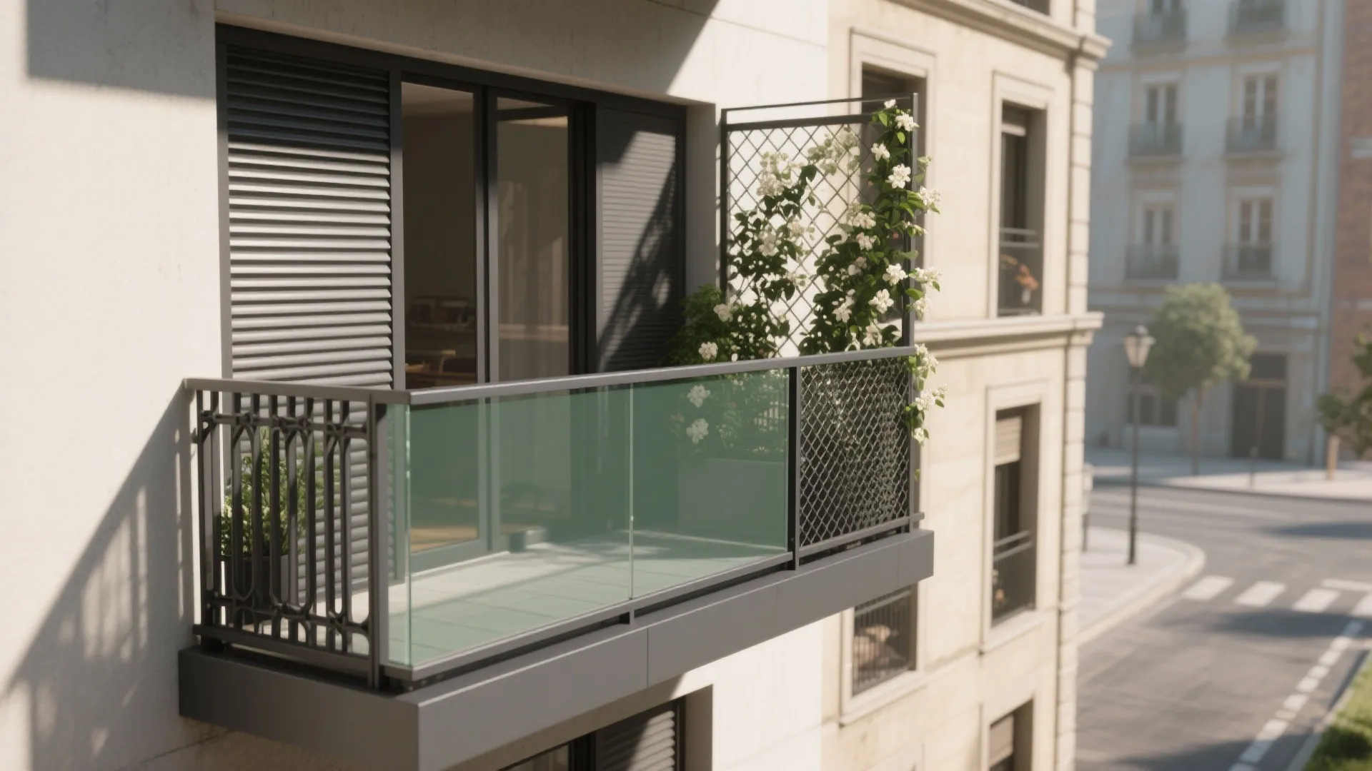 Modern apartment balcony featuring a glass railing and metal safety mesh with climbing white flowers