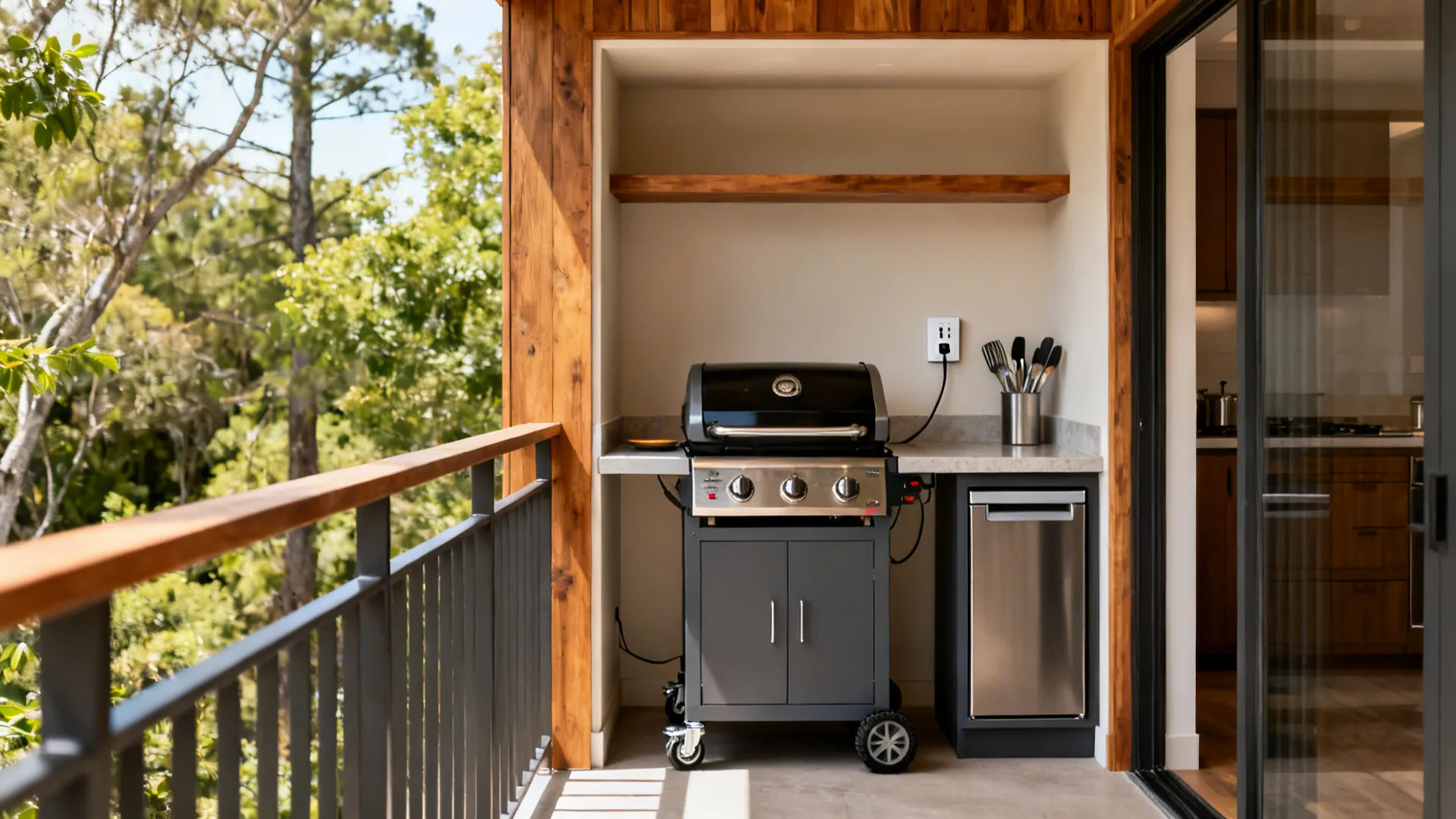 Compact balcony niche with an electric grill on a cart and a pass-through shelf from the kitchen.