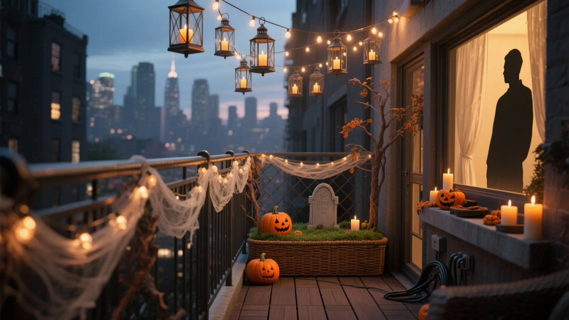 City balcony decorated for Halloween with carved pumpkins hanging lanterns and lights at the evening