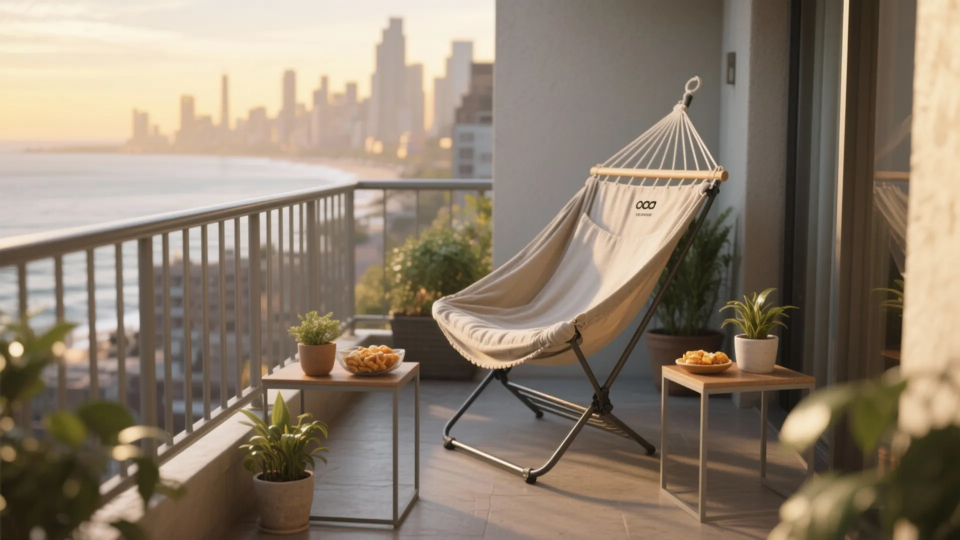 Beige hammock chair on balcony overlooking city skyline and ocean during a warm golden sunset