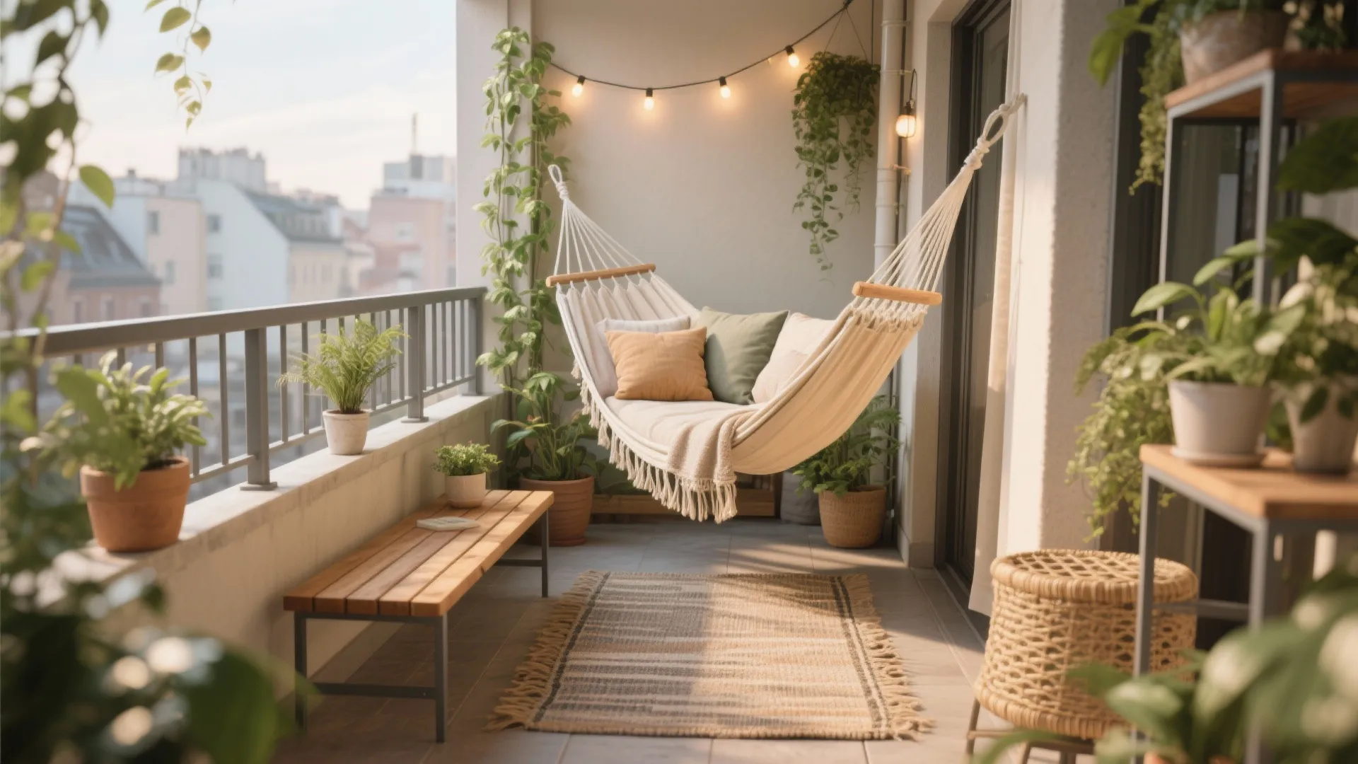 Cozy balcony with white hammock, pillows, string lights, wooden bench, rug, and many green plants