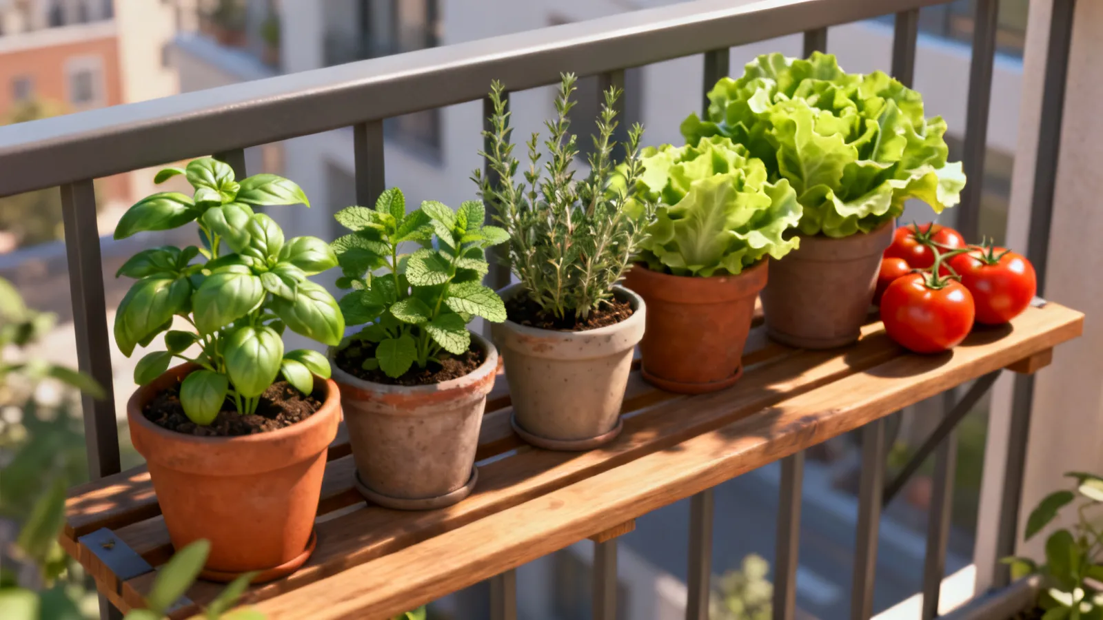Herbs and small vegetables growing in containers on an apartment balcony garden