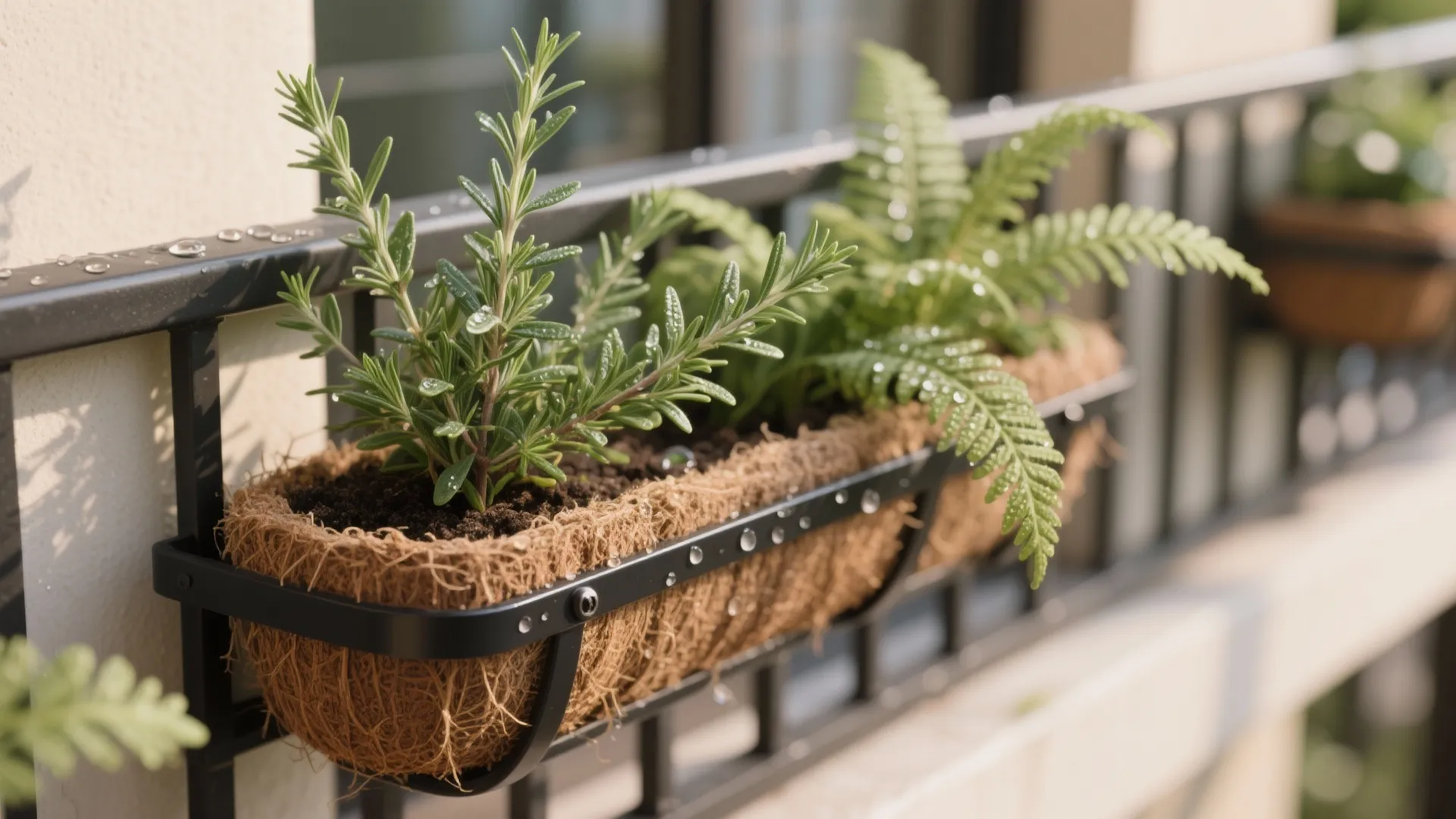 Macro of herbs in railing planters with dewdrops and coconut coir texture.