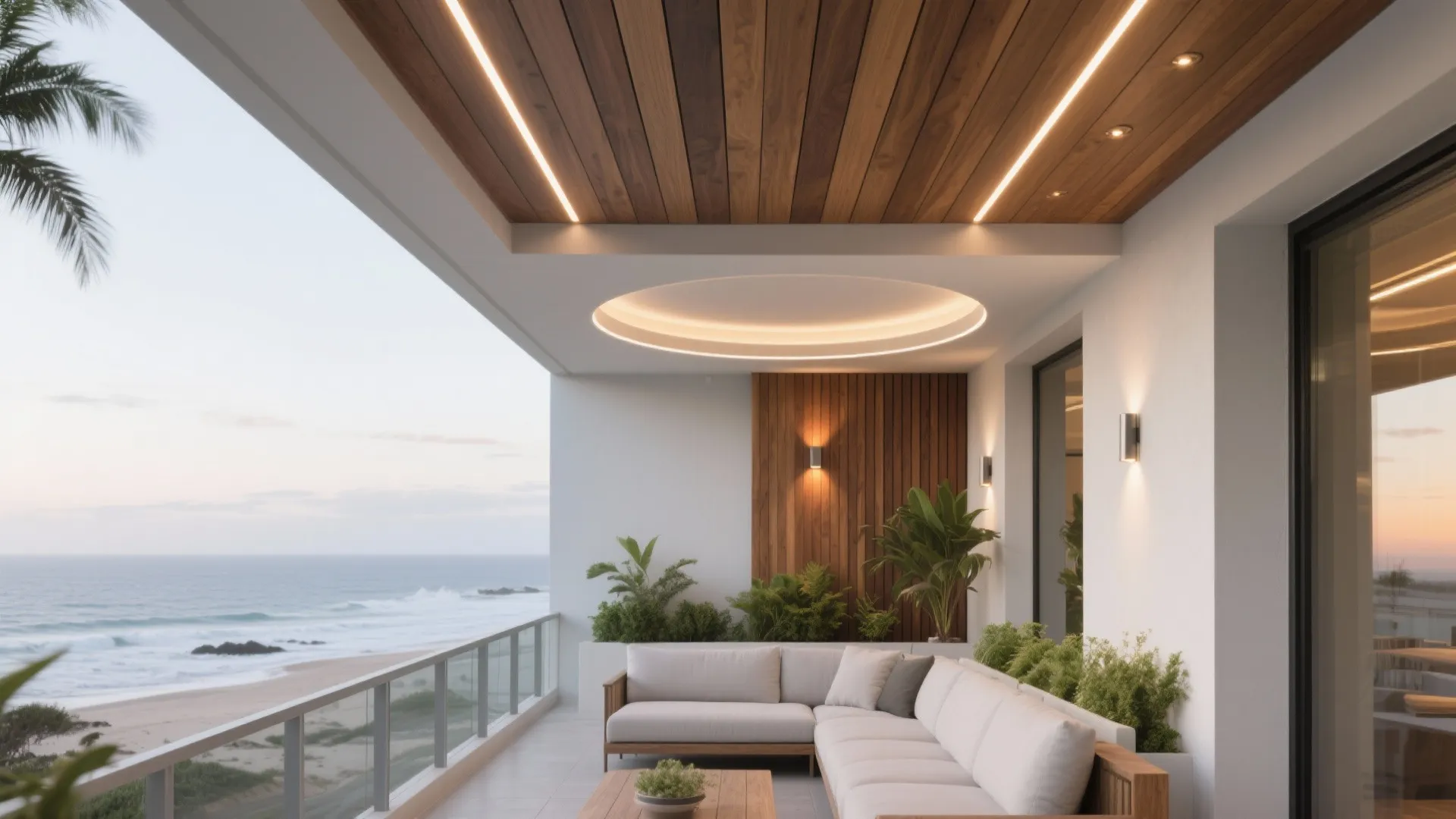 Modern balcony with white sofa wooden ceiling recessed lighting circular light plants and ocean view