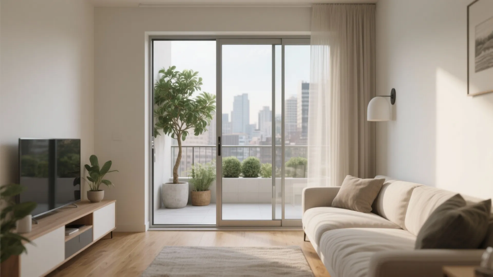 Modern living room with sliding glass doors leading to a balcony with a city view