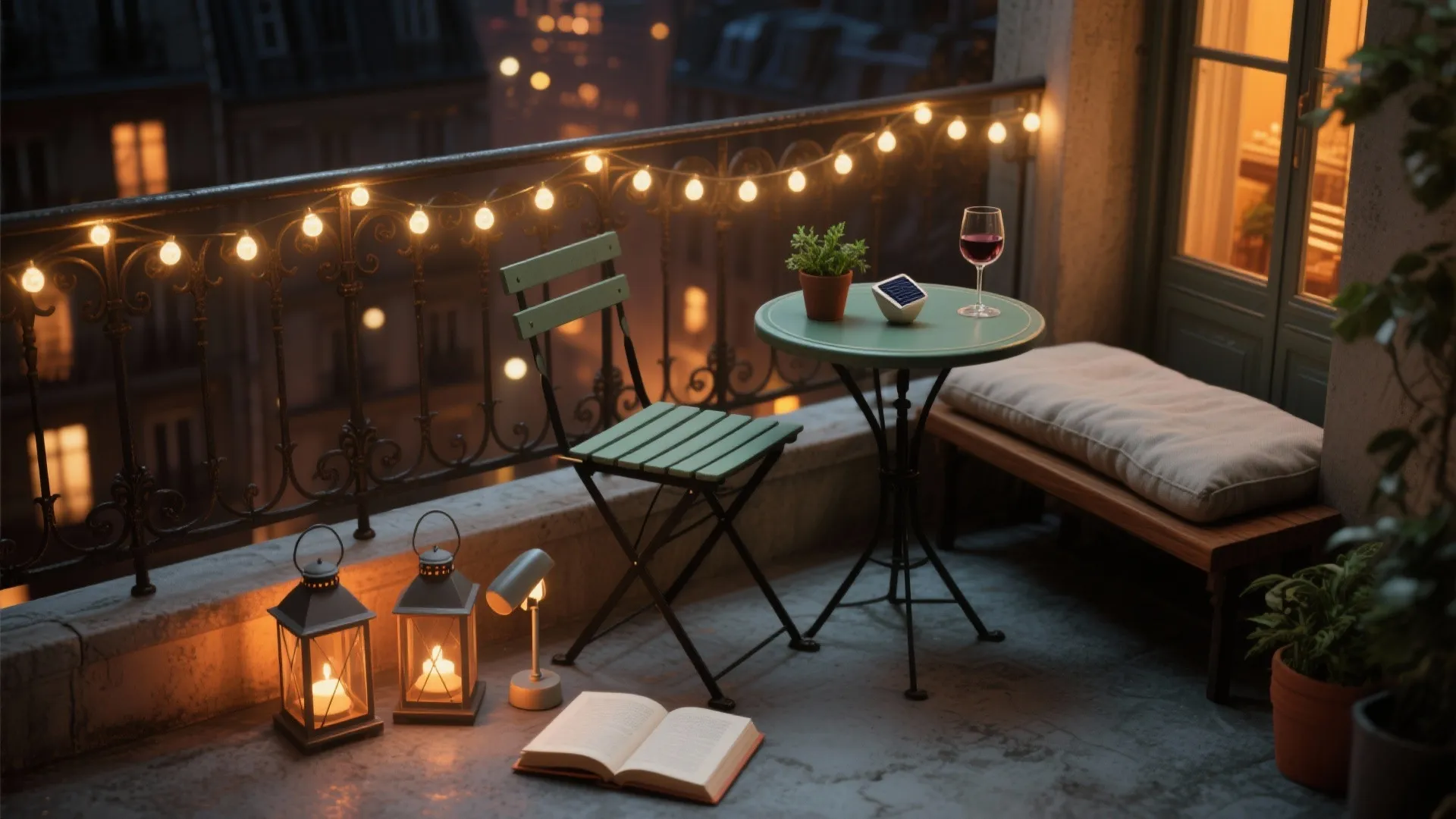Cozy balcony at night with string lights small green table chair and warm floor lanterns