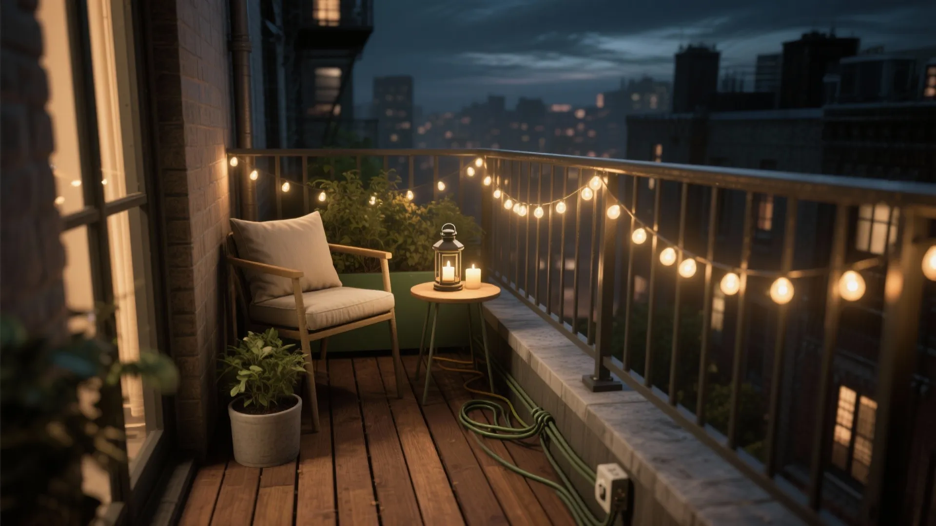 Night balcony design with string lights on railing wooden floor chair and small side table