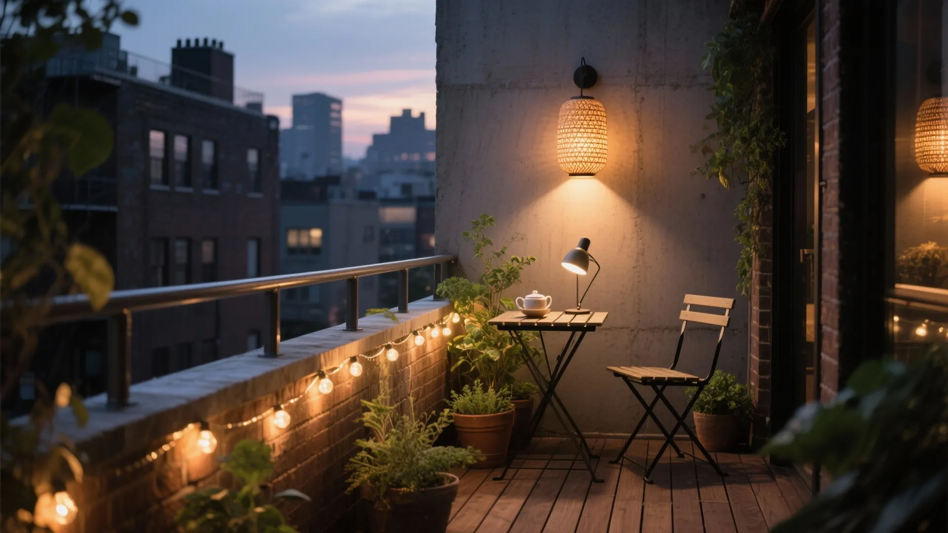 Urban balcony at sunset with string lights small table chair wall light and potted herbs
