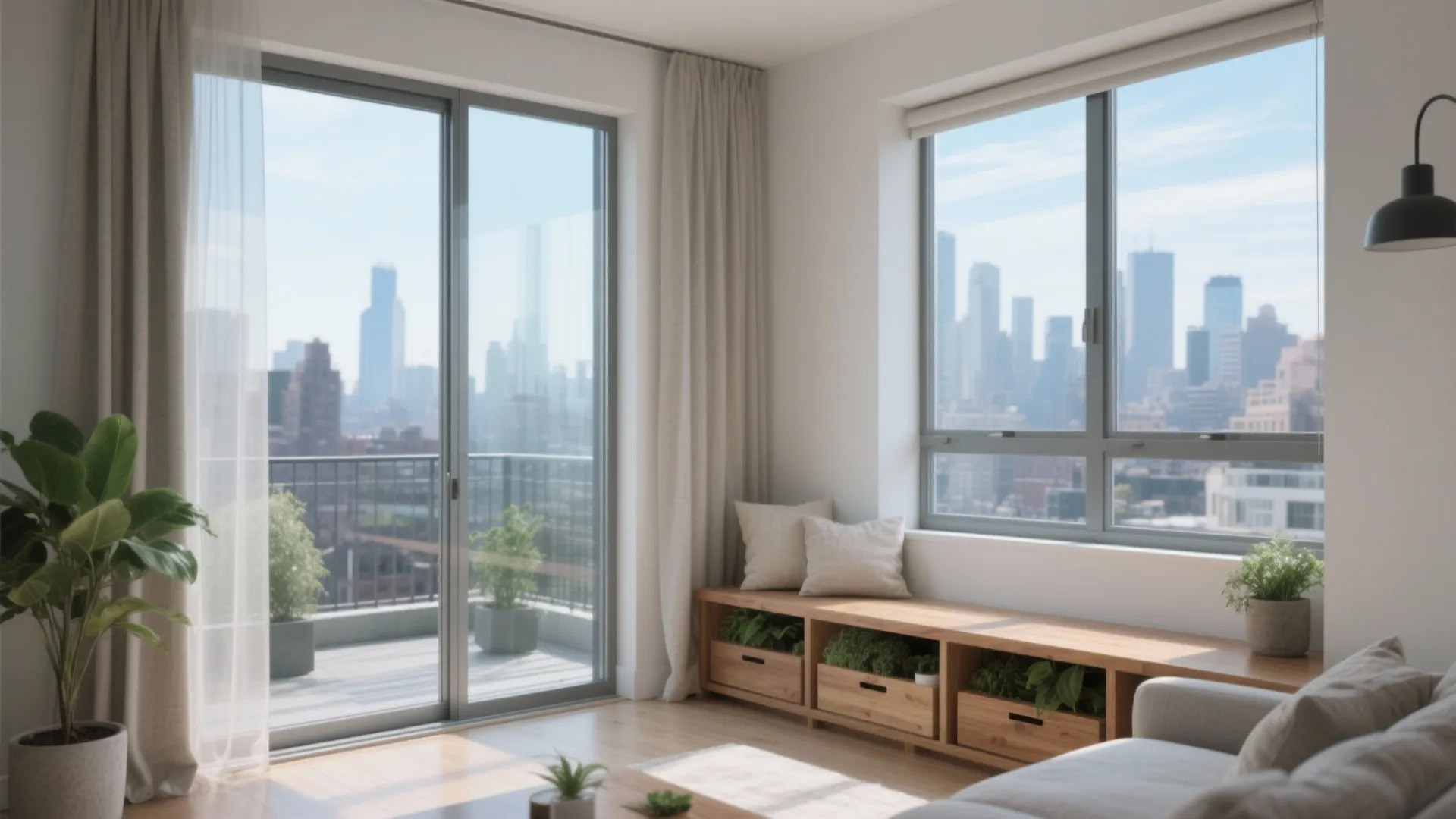 Modern living room with glass balcony door wooden storage bench green plants and city view