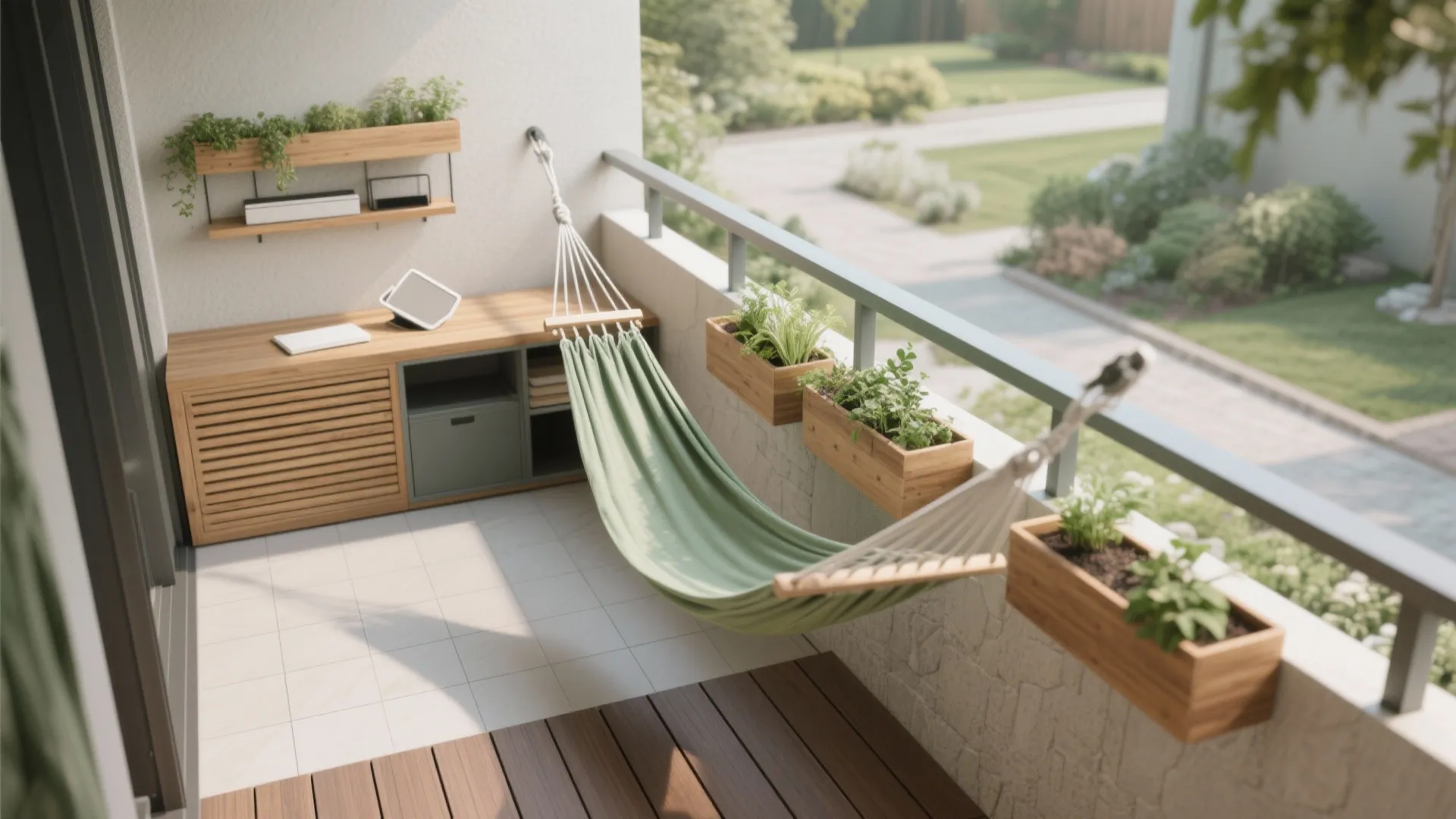 Sunny balcony with green hammock, wooden cabinet, small plants in wooden boxes and garden view