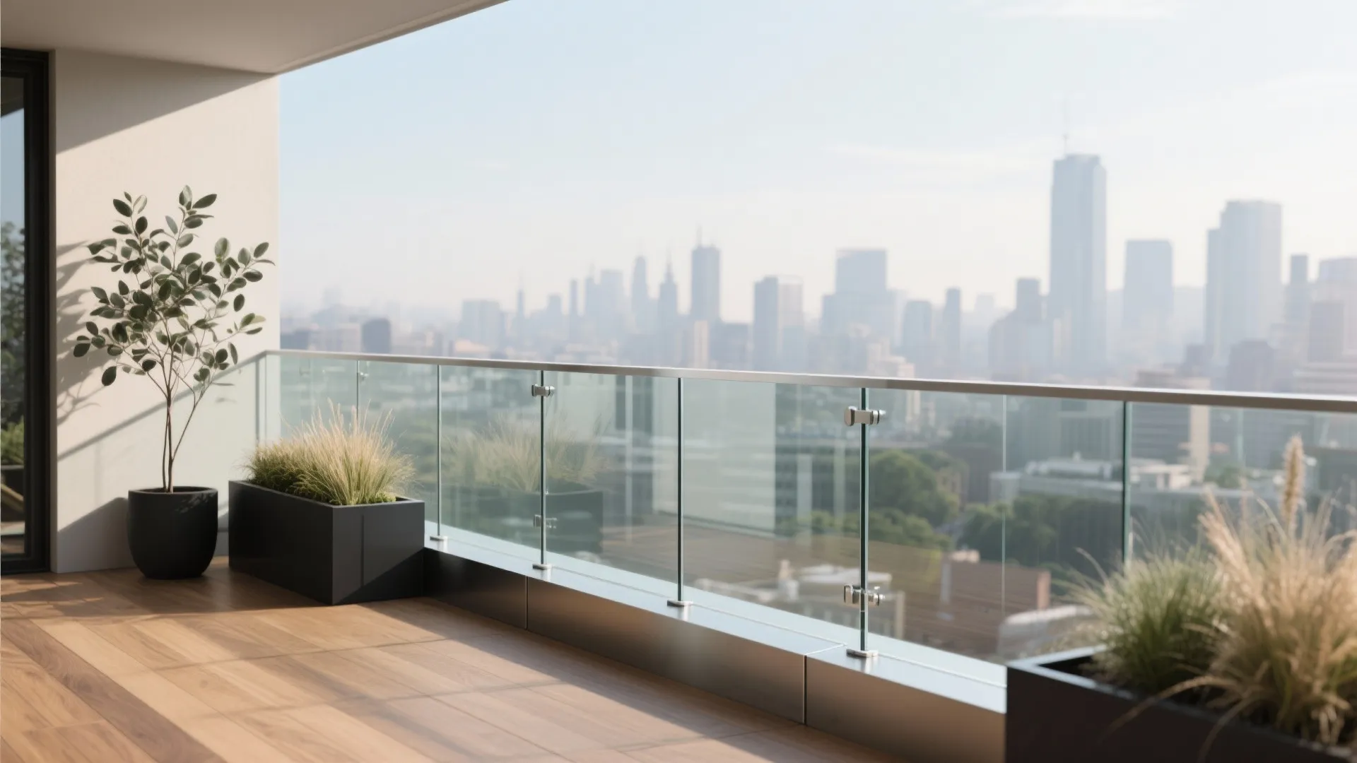 Modern balcony with glass railing wood floor green plants and a blurry city skyline view