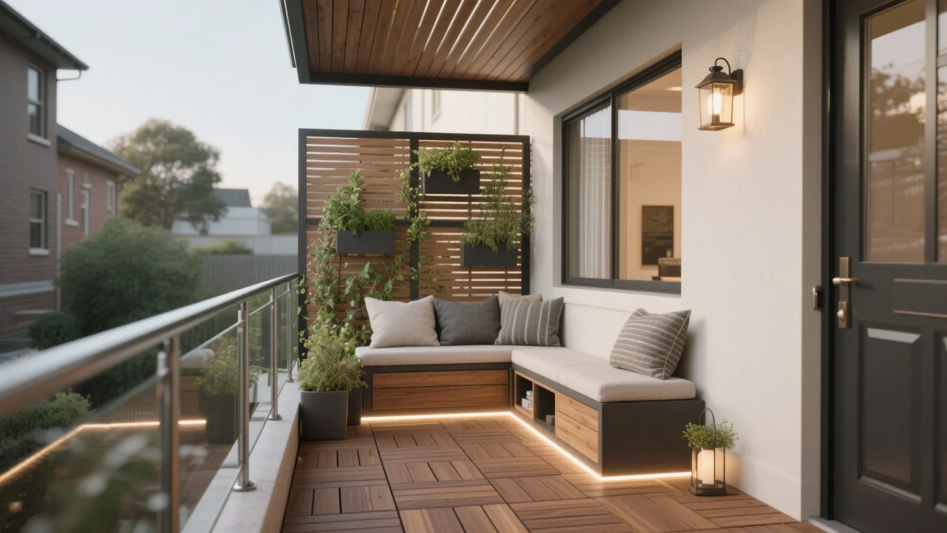 Modern balcony with wooden floor corner sofa wall panel green plants and a wall light