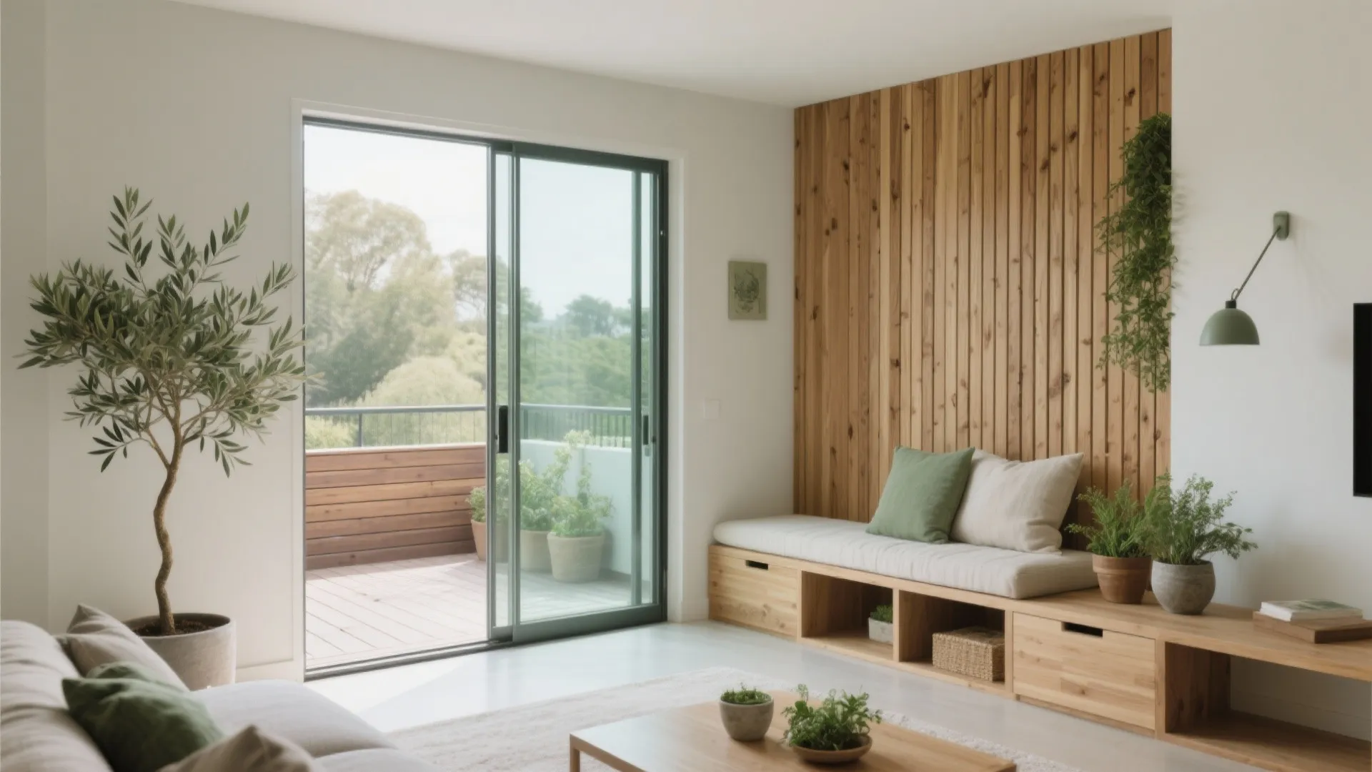 Bright sunlit living room with wooden wall panel, built-in bench seat, green pillows and plants