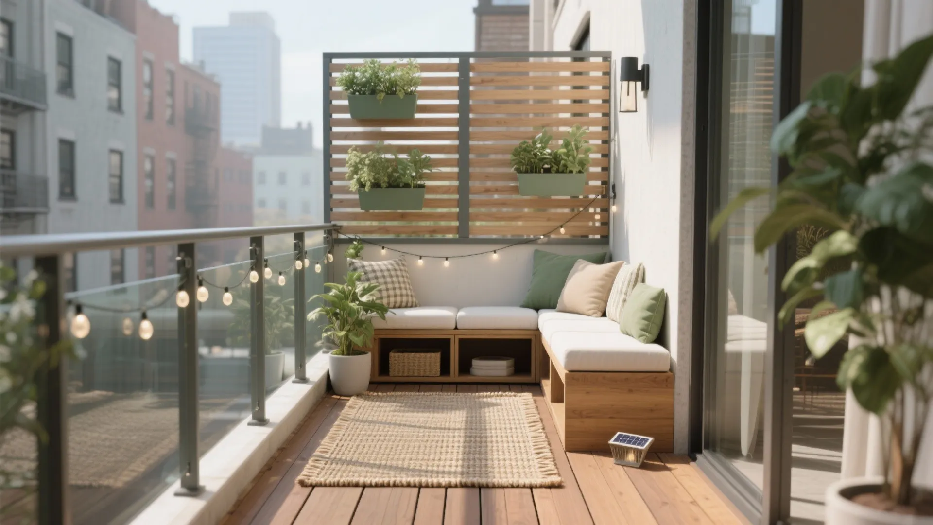 Cozy balcony space with wooden seating area wall panel with plants string lights and floor rug