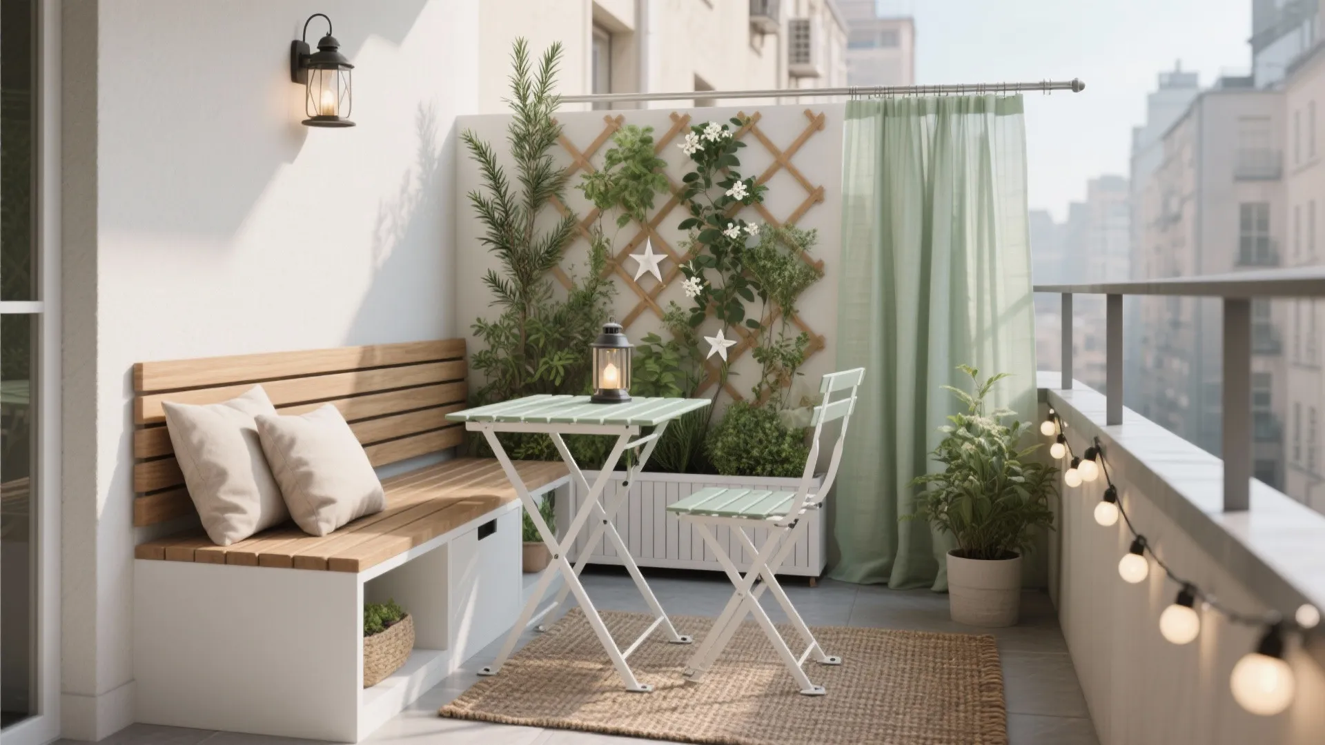 Cozy small balcony design with wooden bench white table green chair plants and warm string lights