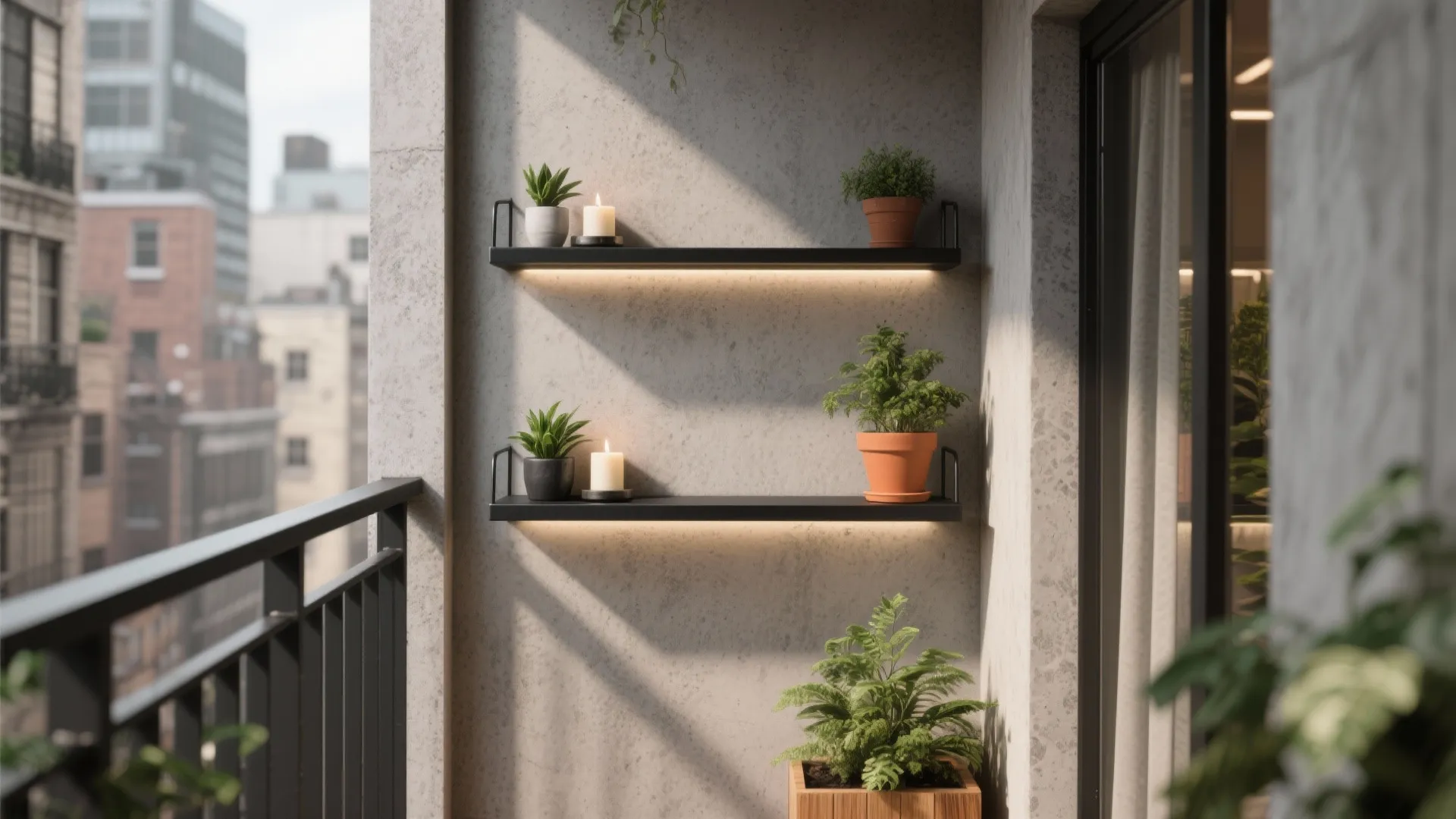 Cozy balcony stone wall with black shelves holding potted plants lit candles and warm ambient light