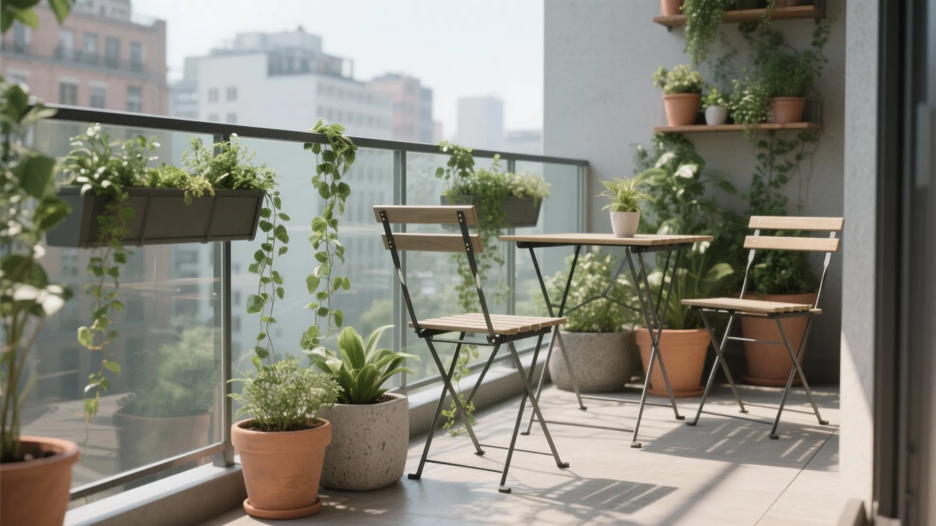 Sunny balcony featuring wooden folding chairs, a small table, and several green plants in pots