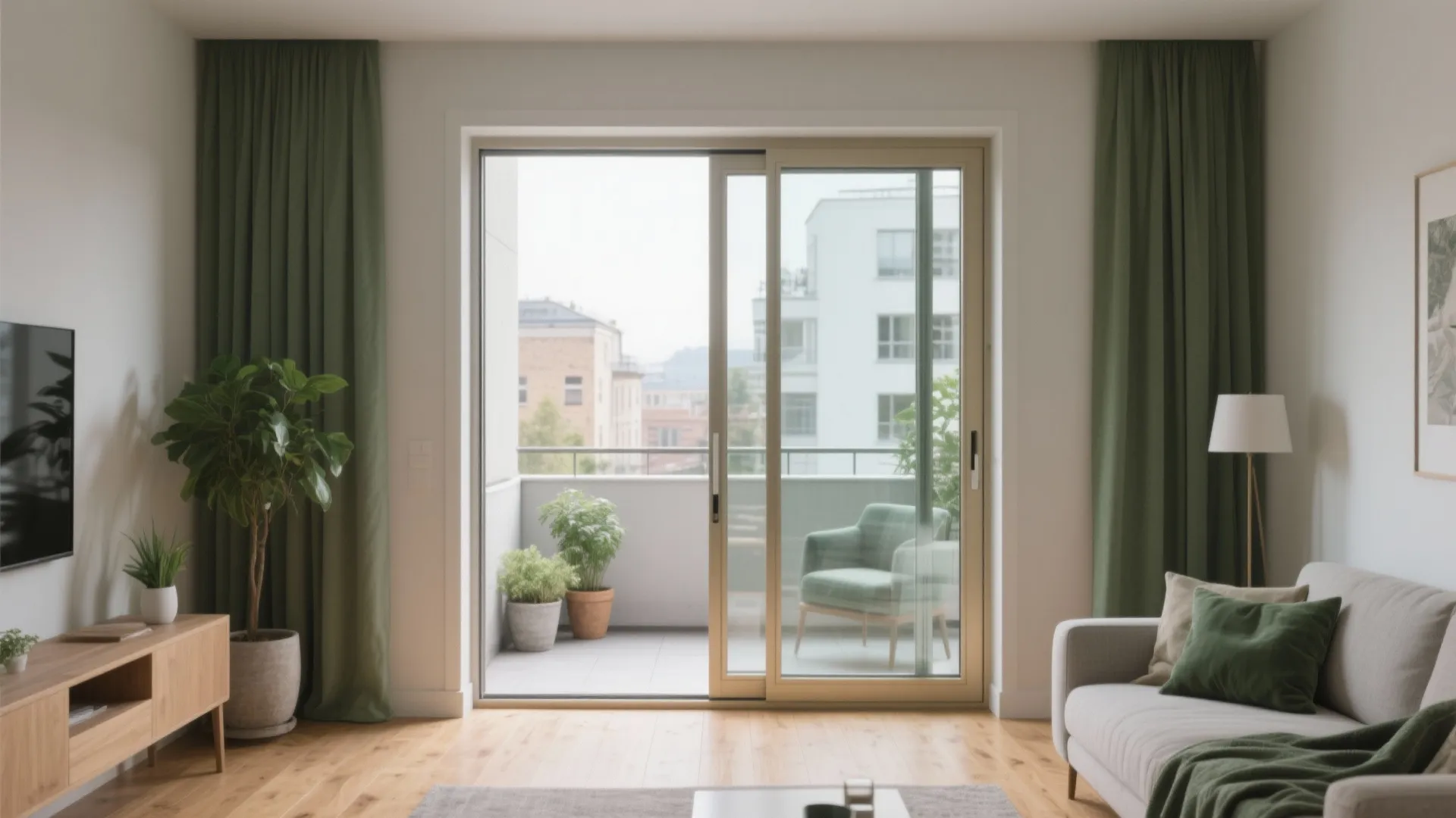Modern living room featuring a sliding glass door leading to a balcony with green chairs