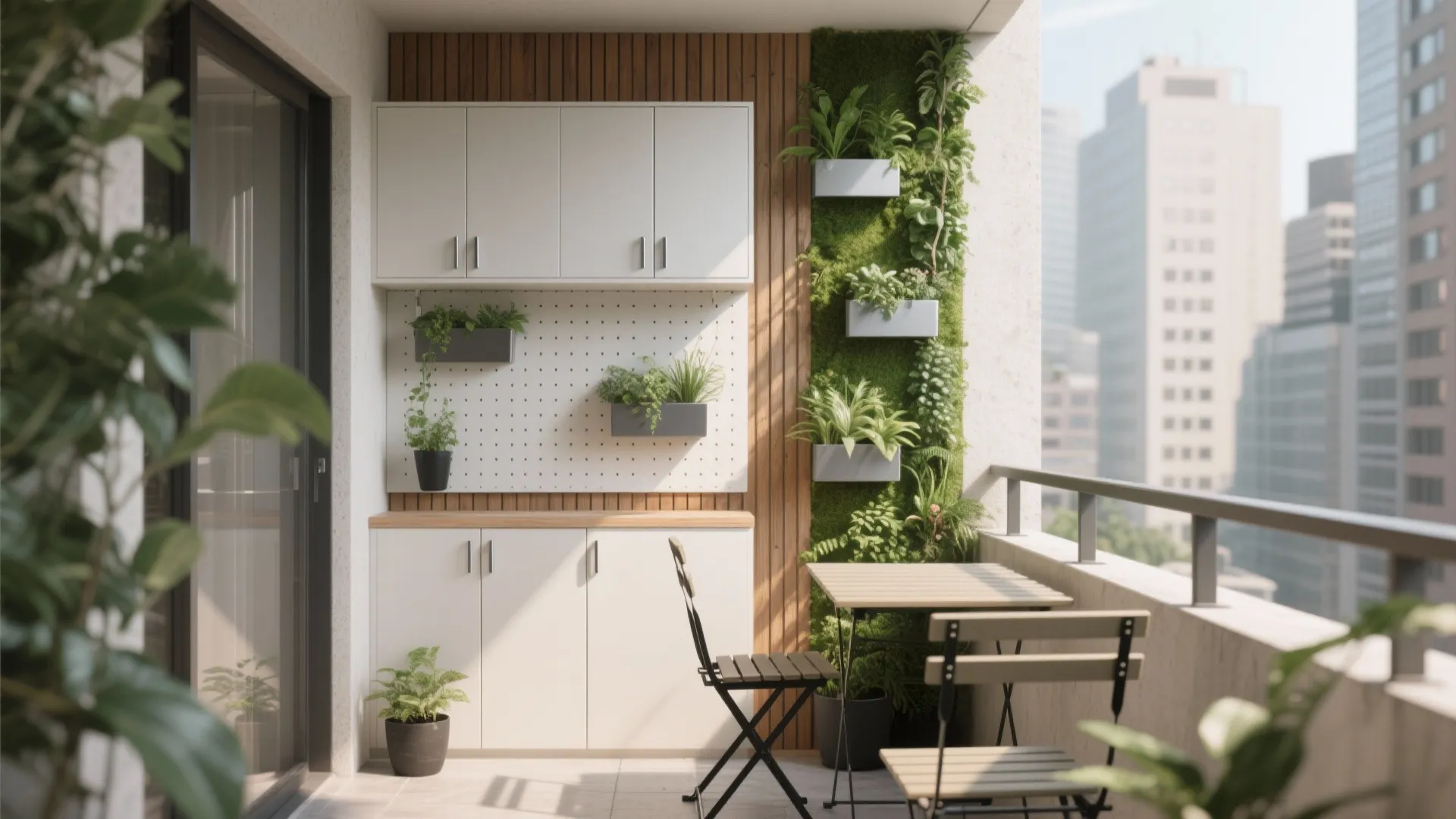 Organized balcony space with white storage cabinets wooden wall panel vertical garden and small table
