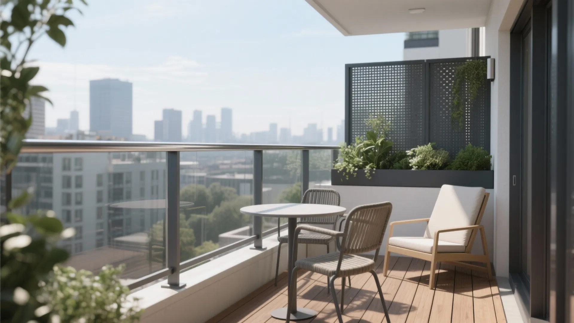 Modern balcony design with wood flooring outdoor table chairs green plants and city skyline view