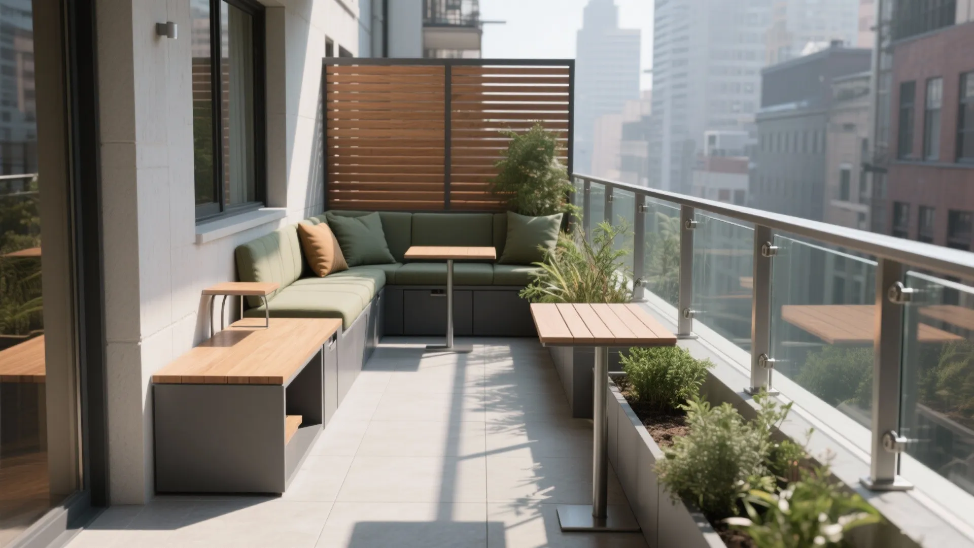 Modern balcony with corner green sofa wooden privacy screen small tables and city view background