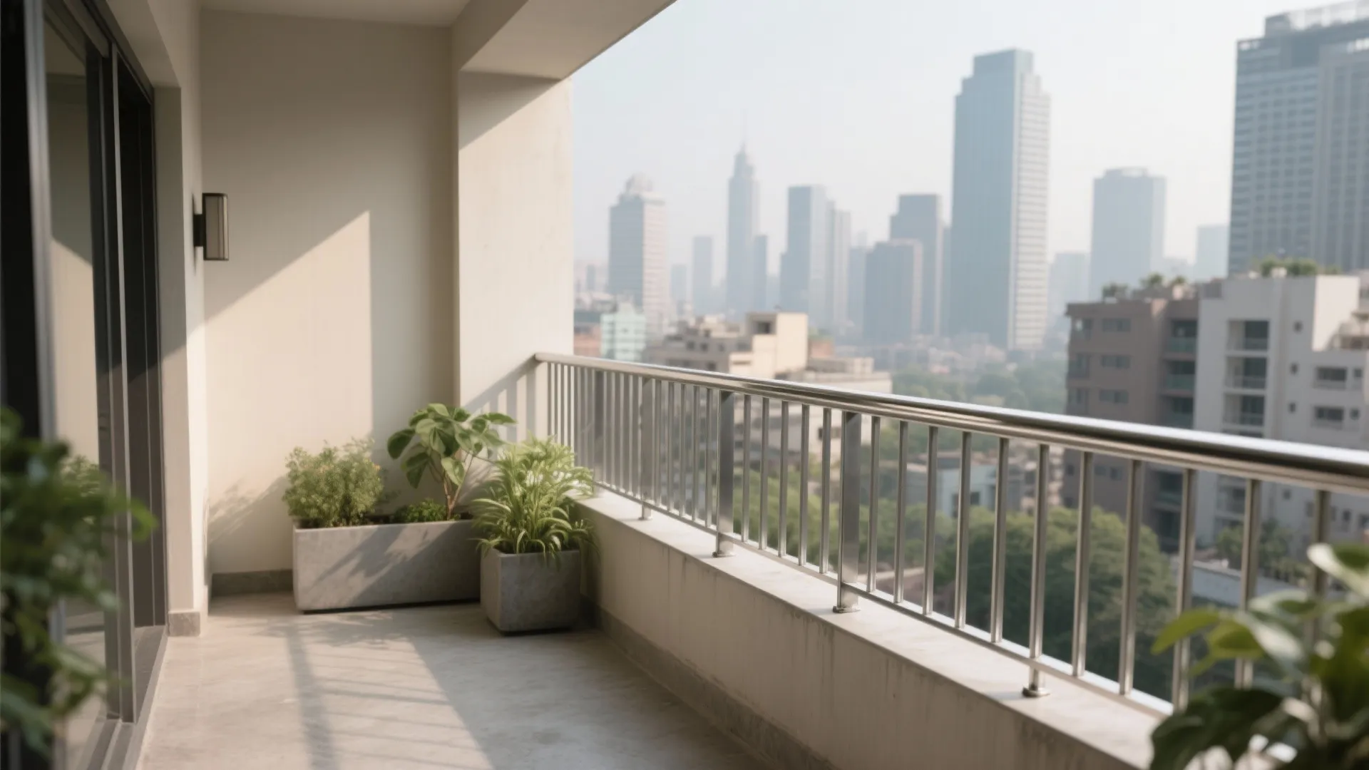Modern apartment balcony with metal railing potted green plants and a blurry city skyline view