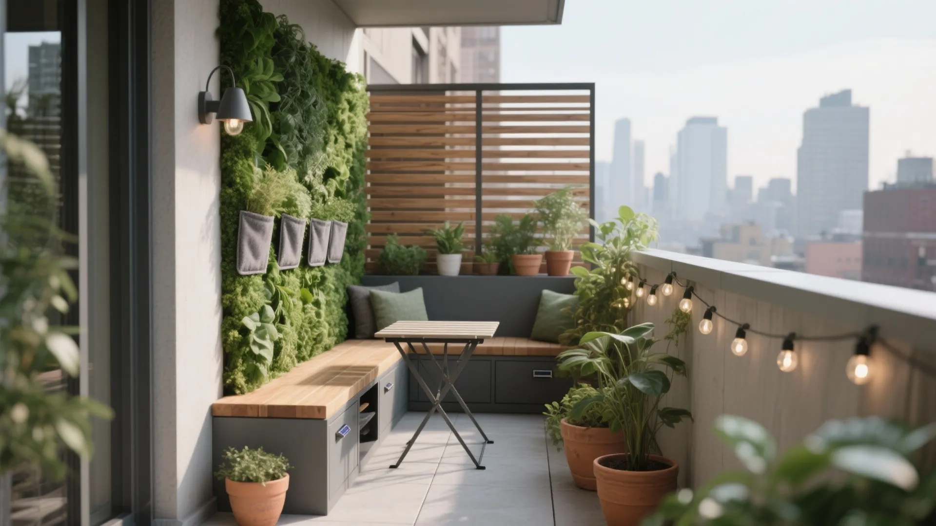 Modern balcony featuring green wall plants wooden bench seating small table and city skyline view