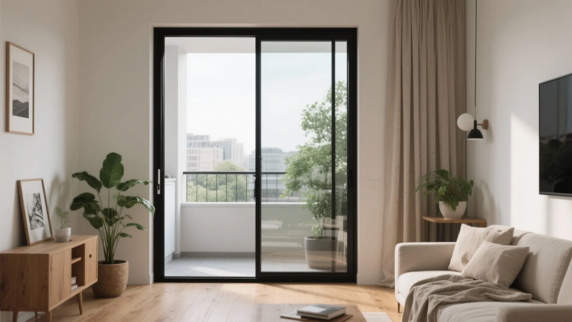 Modern living room with glass sliding doors opening to balcony with green plants and sunlight