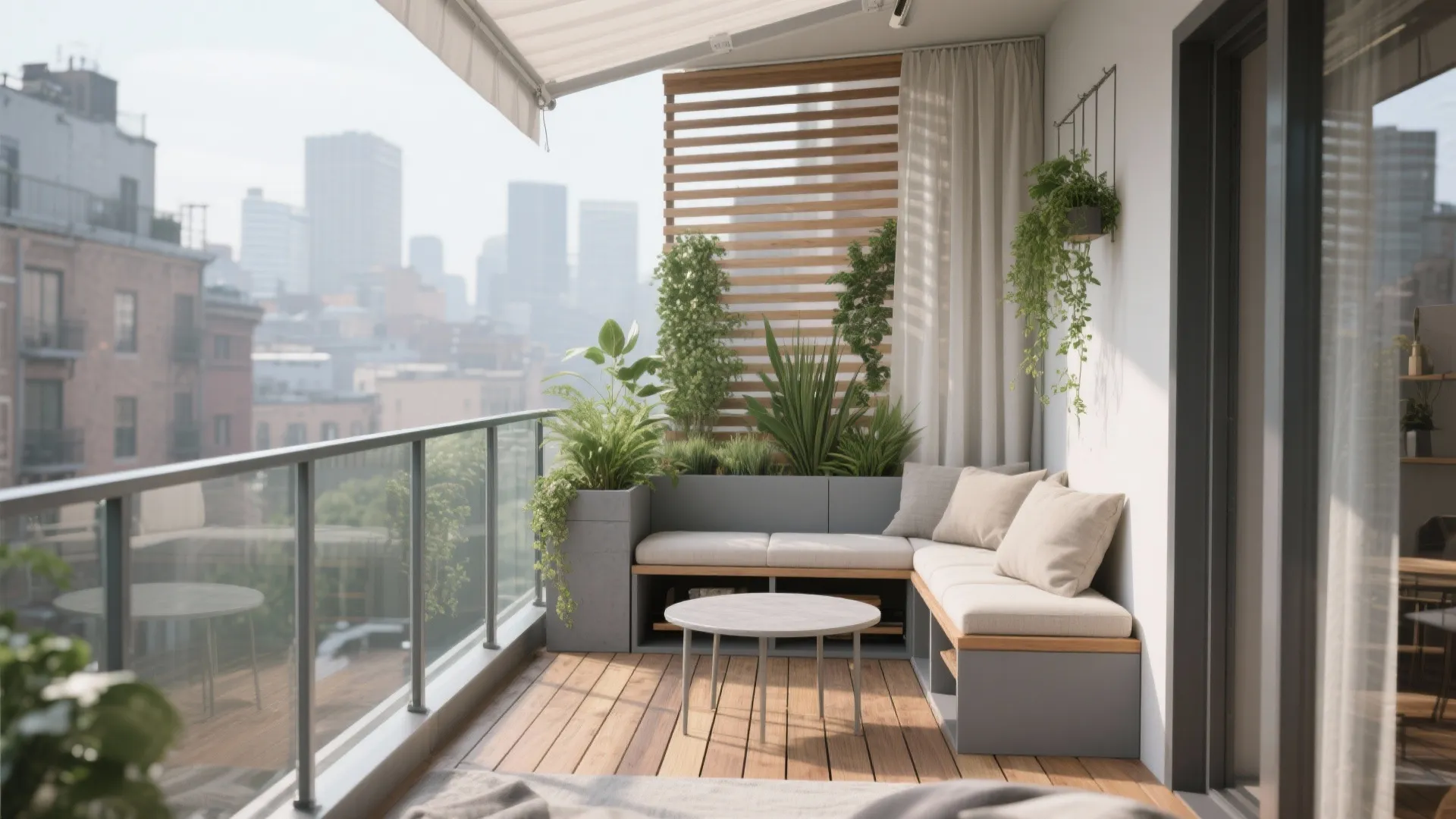 Modern balcony with wooden flooring grey sofa round coffee table green plants and city view