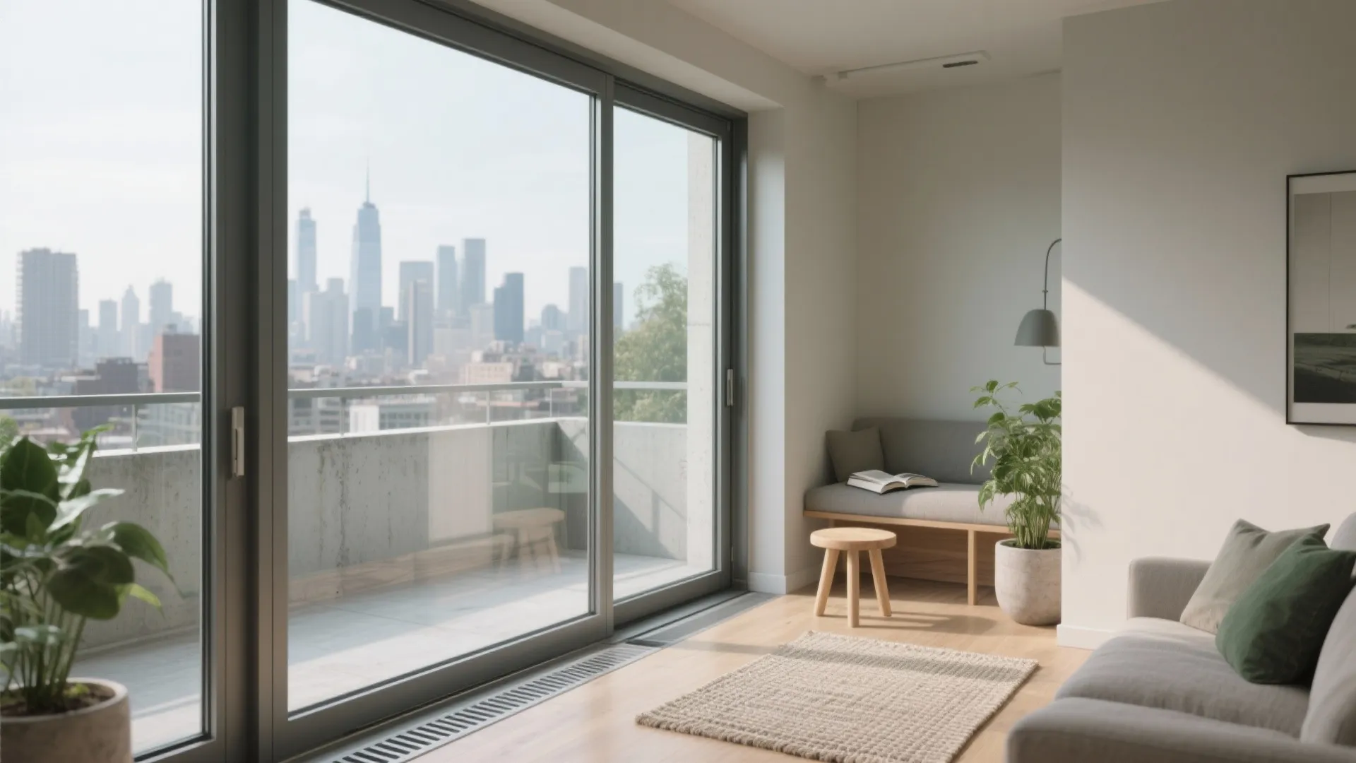 Modern living room with sliding glass doors opening to a balcony with a city skyline view