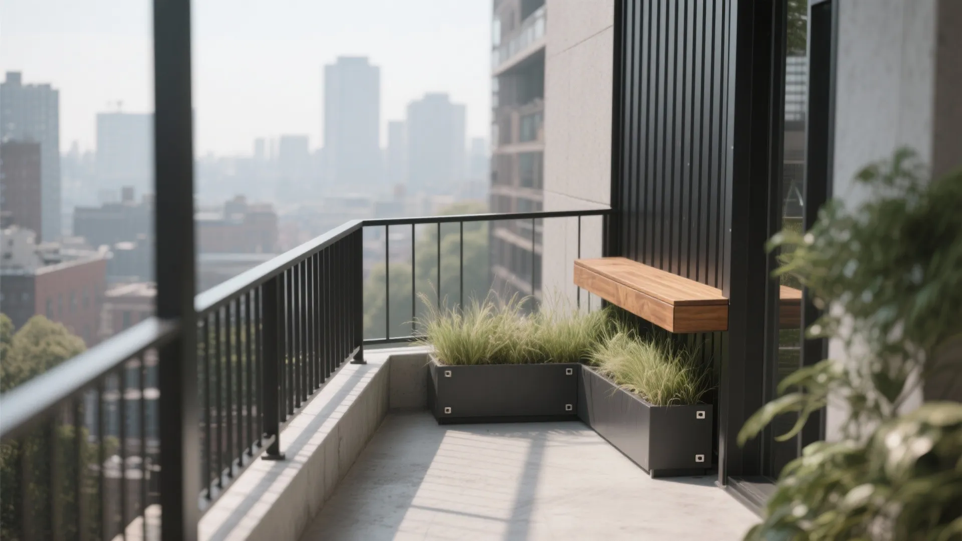 High rise apartment balcony with black metal railing and wooden shelf overlooking a city view
