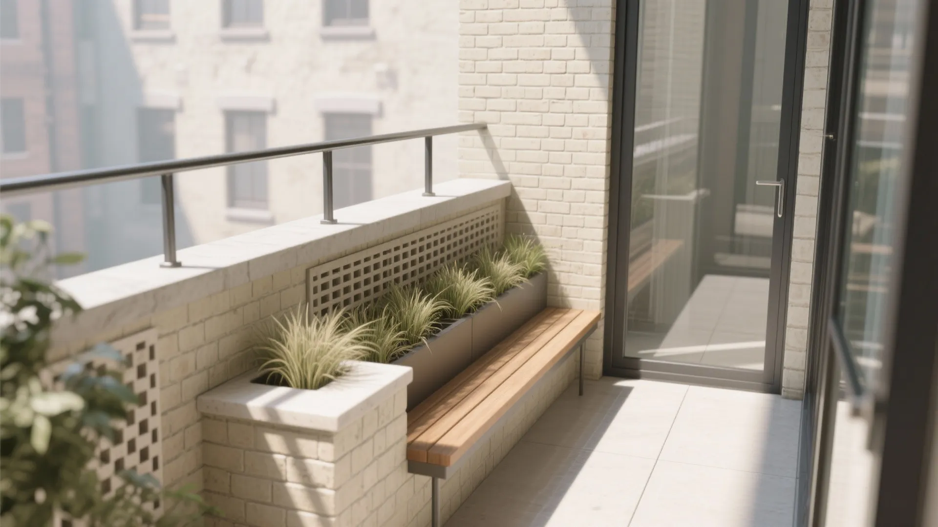 Small balcony design with wooden bench white brick walls glass door and green potted plants