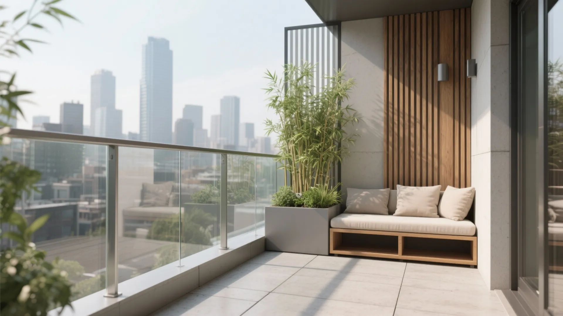 Cozy balcony featuring wood wall panel small sofa green plants and a clear city view