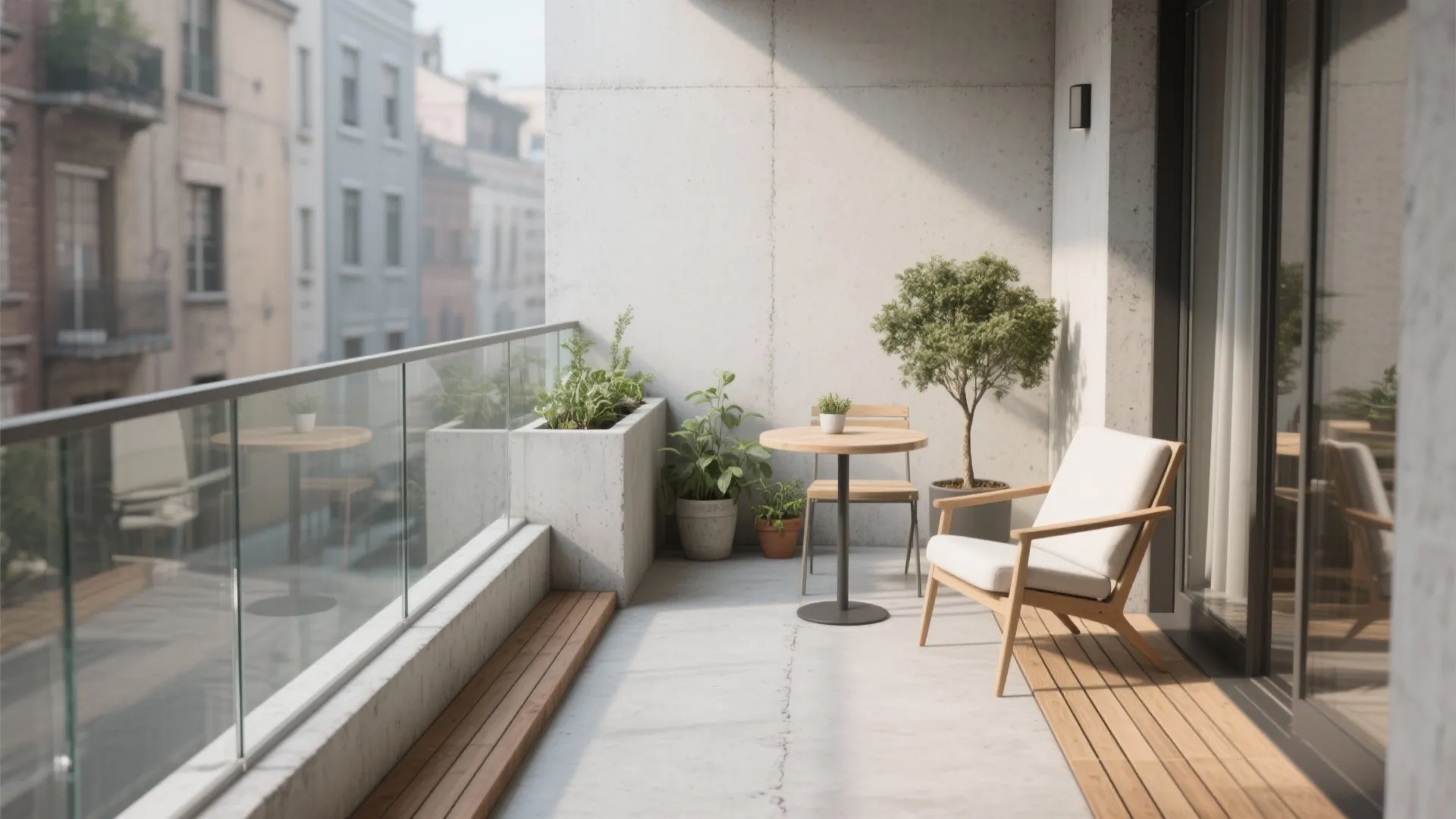 Outdoor balcony featuring a wooden chair, small round table, potted plants, and city view background