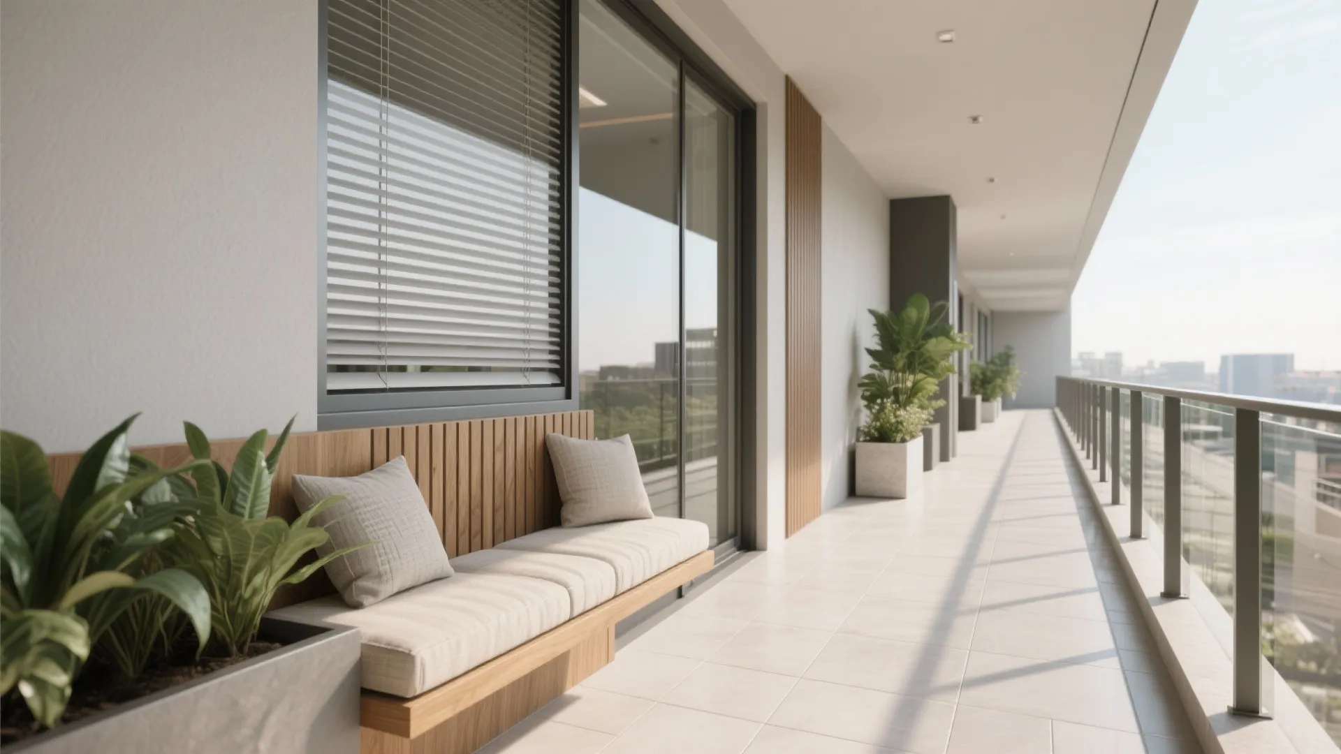 Long balcony featuring a wooden bench with pillows green plants glass railing and white tiled floor