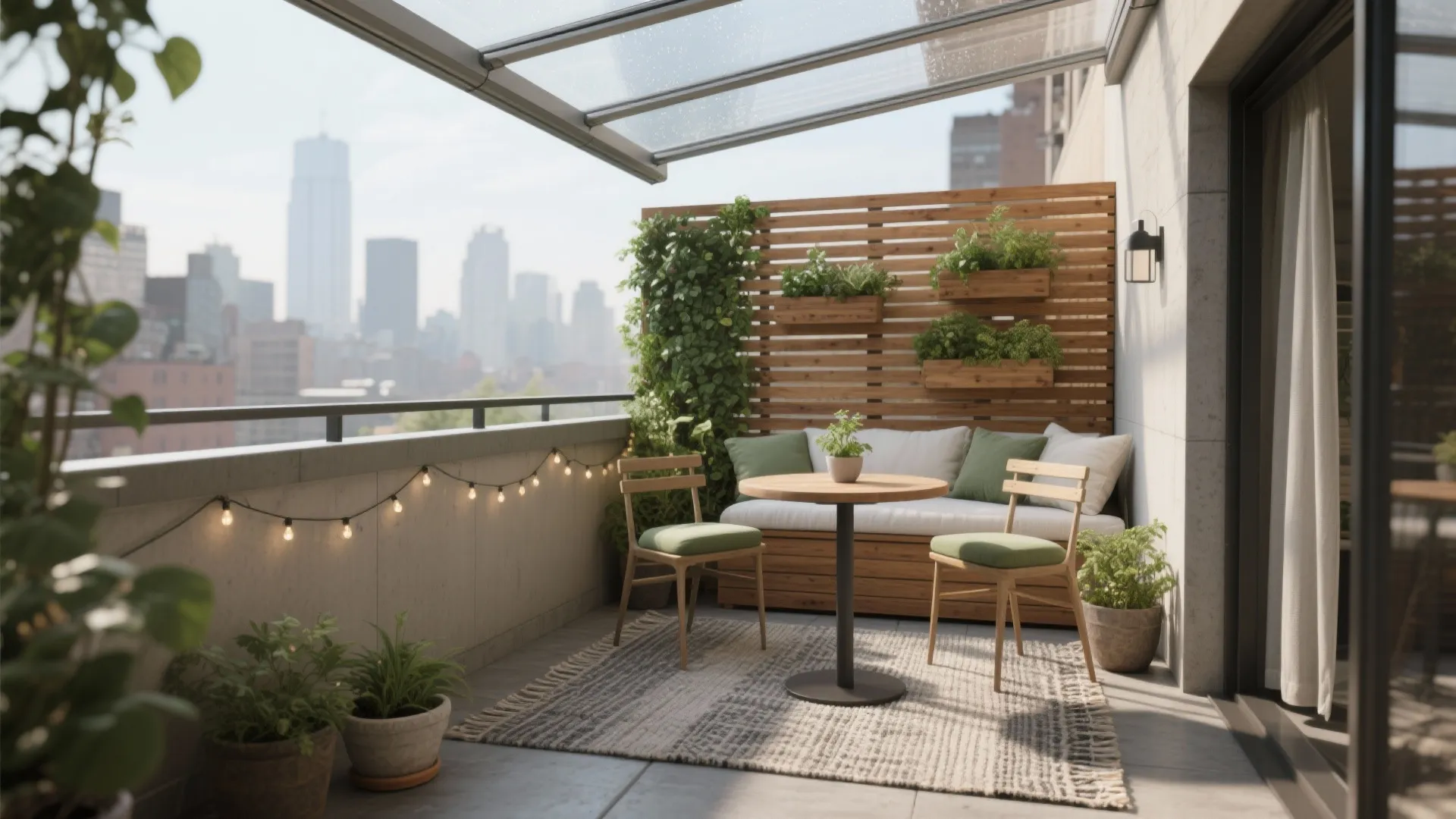 Modern balcony with wooden wall panel, round table, green chairs, glass roof, and city view