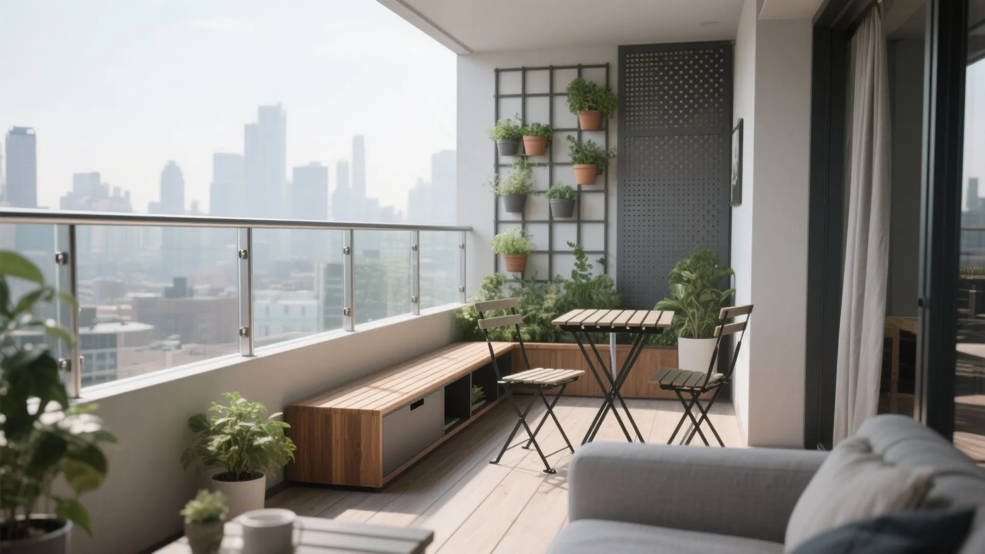 Modern balcony with wooden floor table and chairs featuring a vertical garden and city view