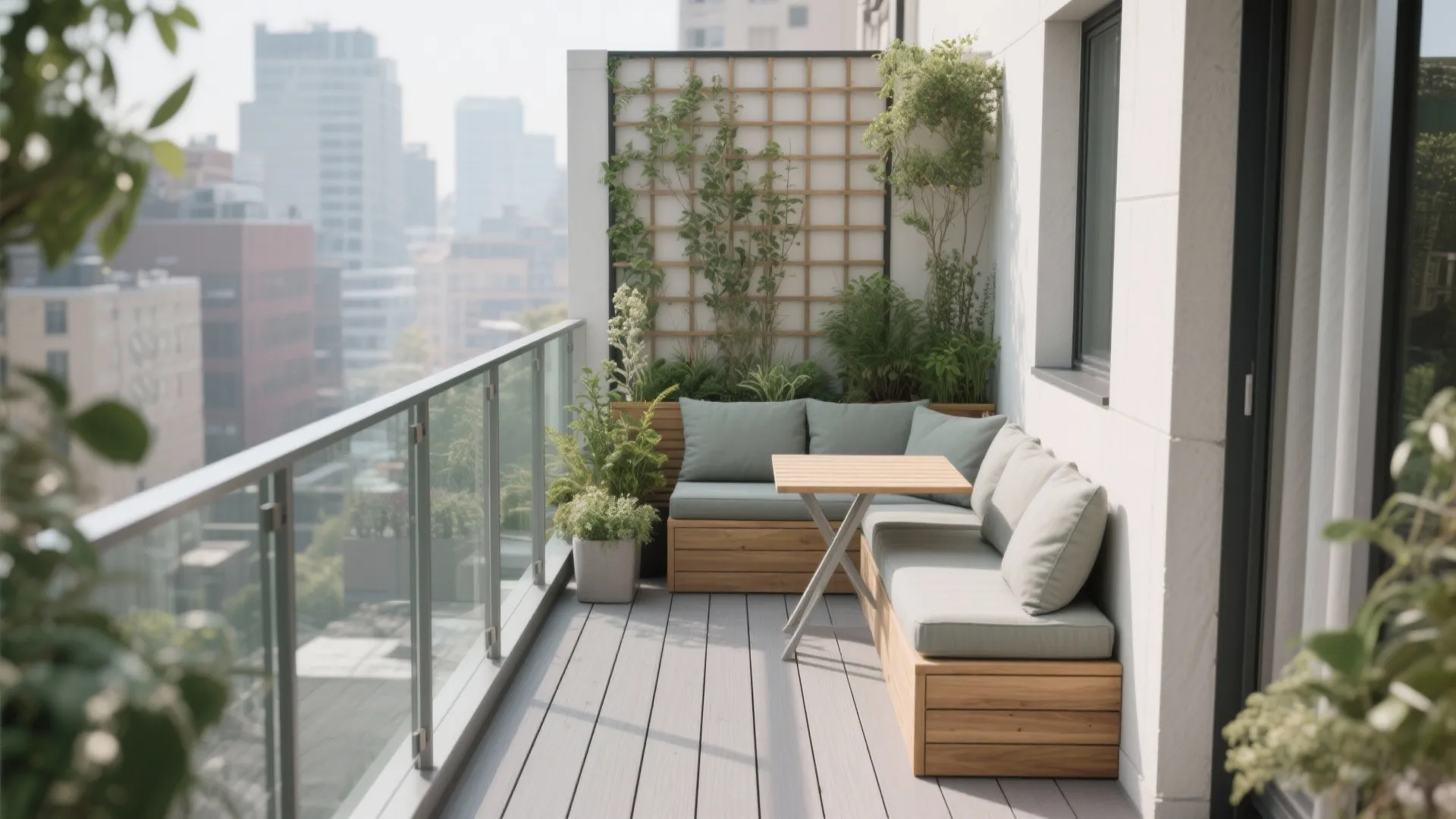 Outdoor balcony featuring wooden corner sofa small table wall panel with plants and glass railing