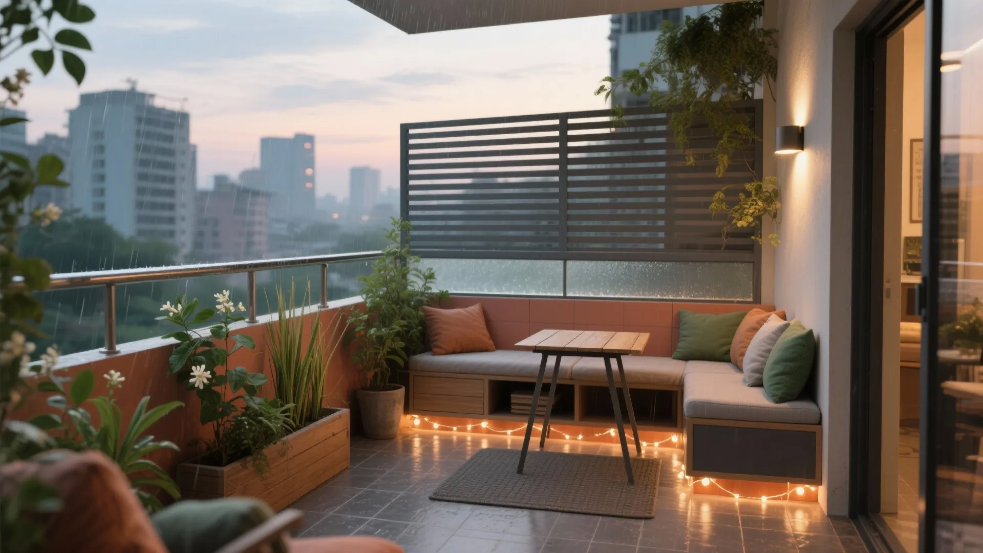 Cozy balcony area featuring grey corner sofa wooden table string lights and various potted plants