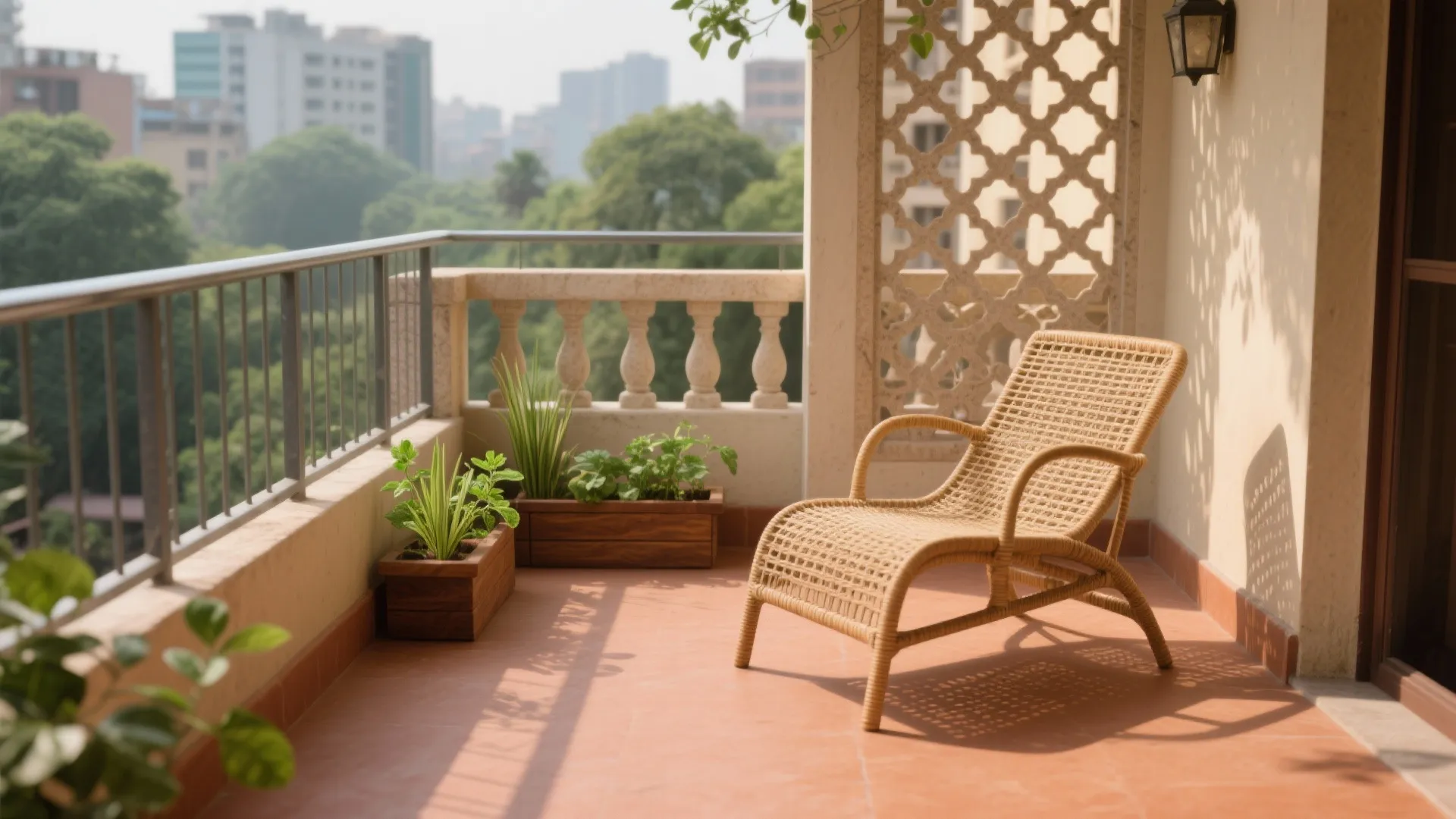 Sunny balcony with woven sofa chair plants in wooden boxes decorative wall and city view