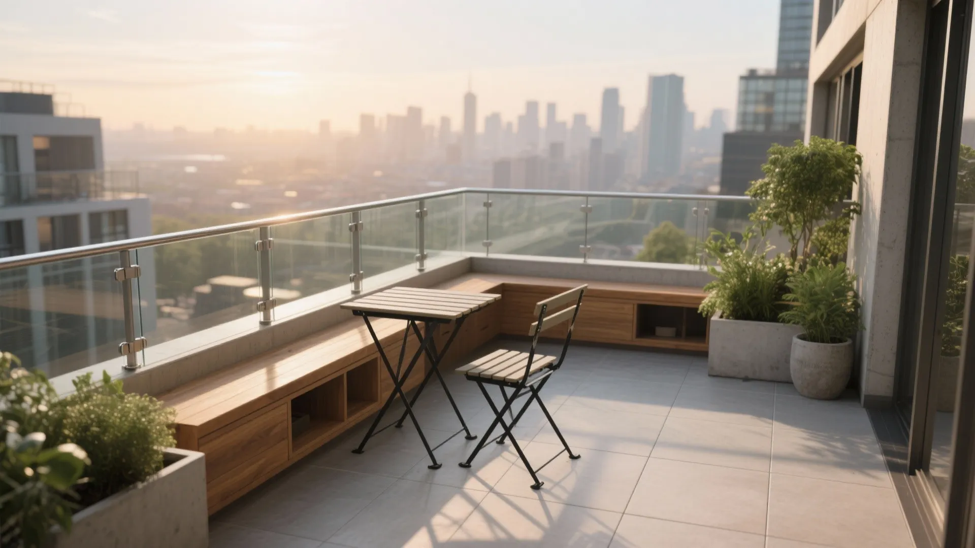 High floor balcony with wood bench small table chair and glass railing overlooking city buildings